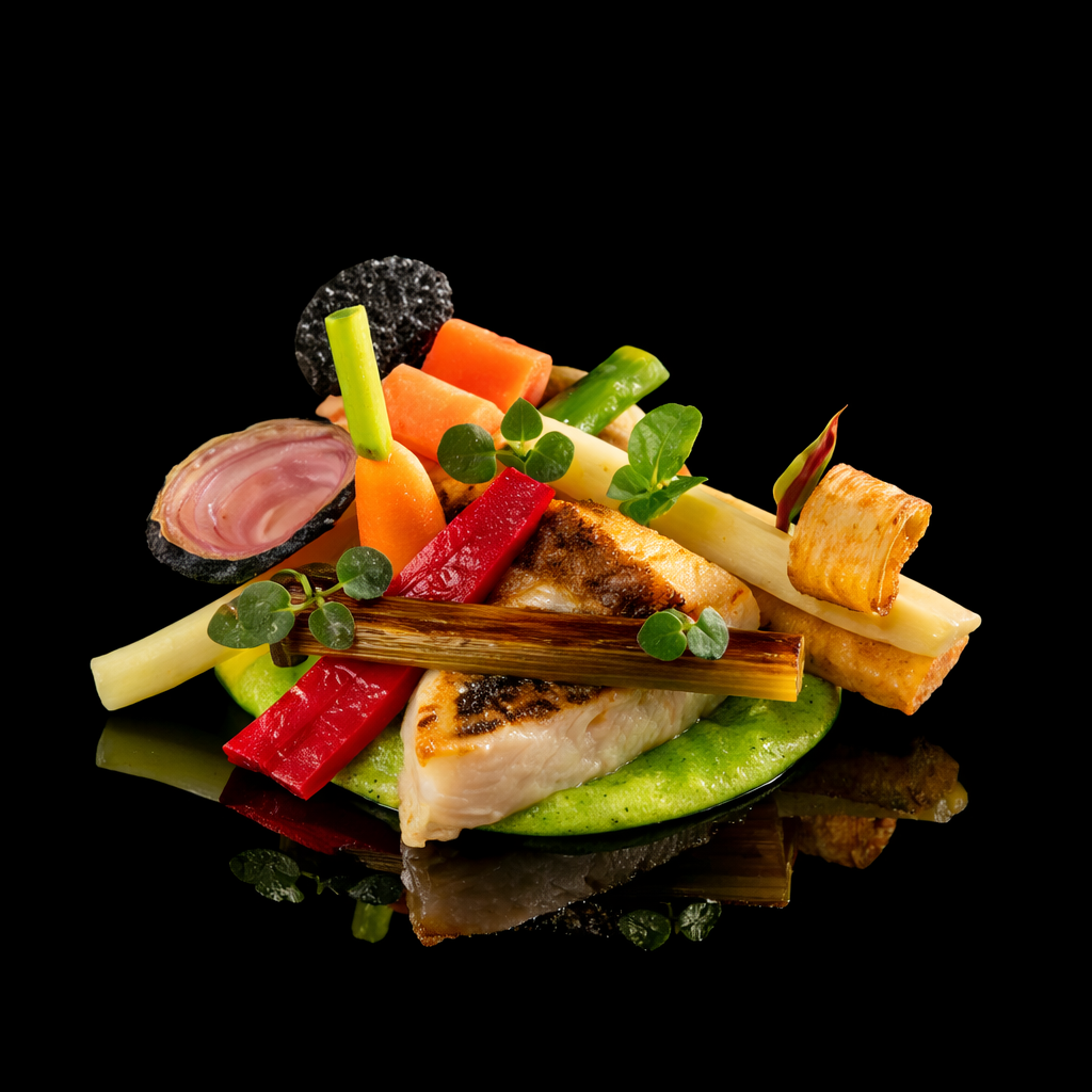 Assiette de poisson avec légumes et micro-pousses sur un fond noir.