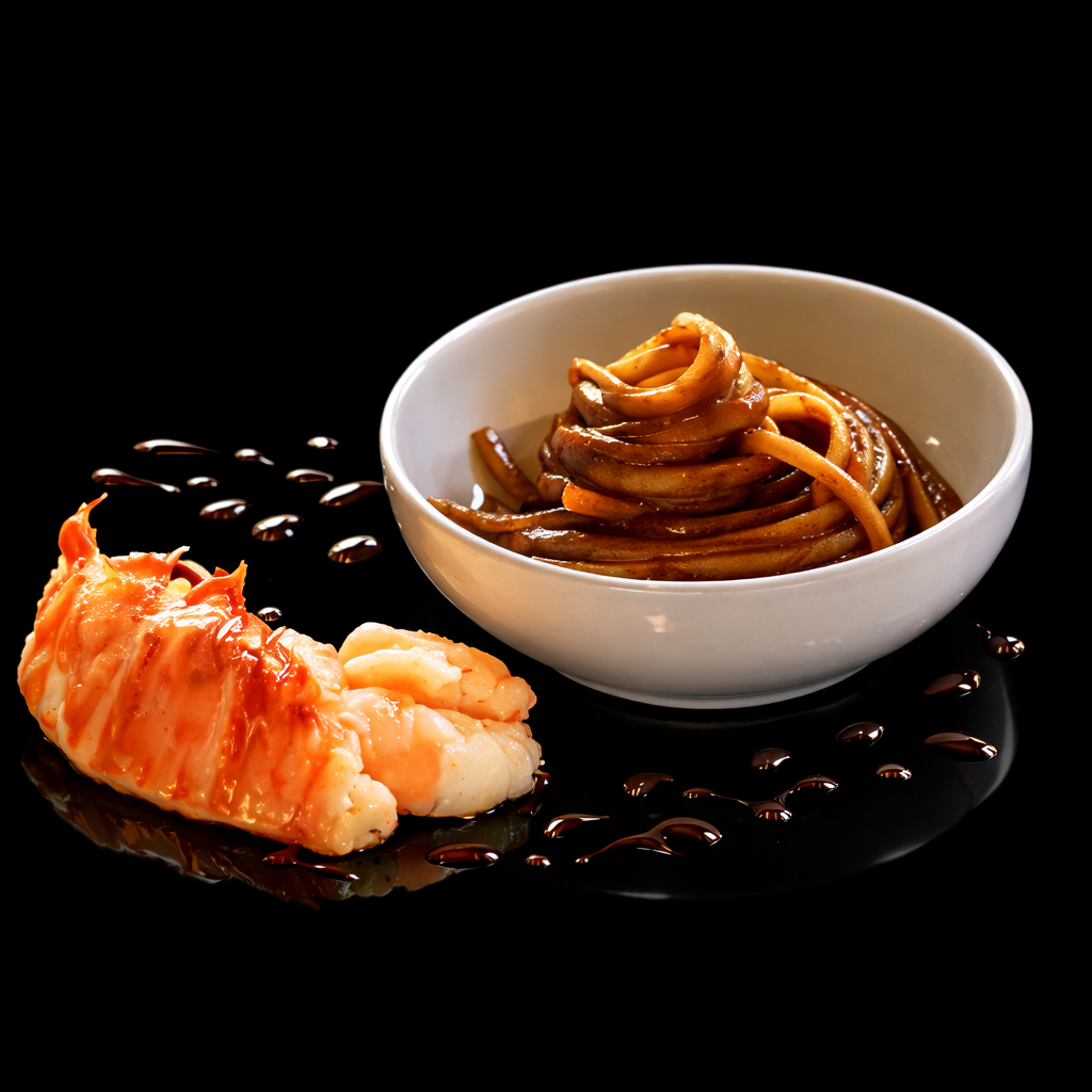 Crevettes avec sauce, pâtes aux champignons dans un bol blanc, présentation élégante avec décor de sauce balsamique sur fond noir
