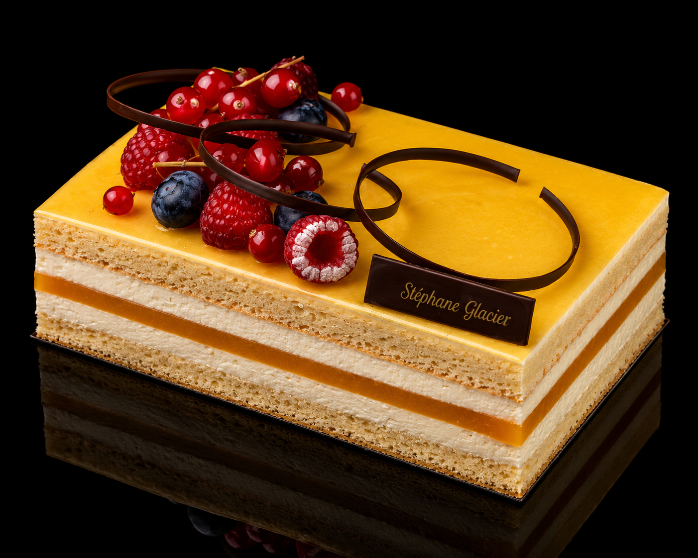 Gâteau rectangular décoré de fruits rouges, de myrtilles, de framboises, et de chocolat avec une plaque portant le nom 'Stéphane Glacier', posé sur un fond noir
