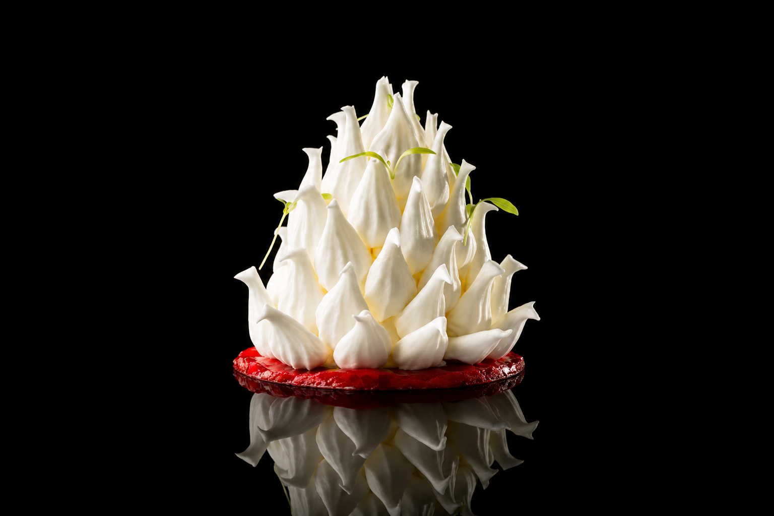 Une tarte décorée de crème fouettée en forme de fleurs blanches, avec des feuilles vertes, sur un fond noir.