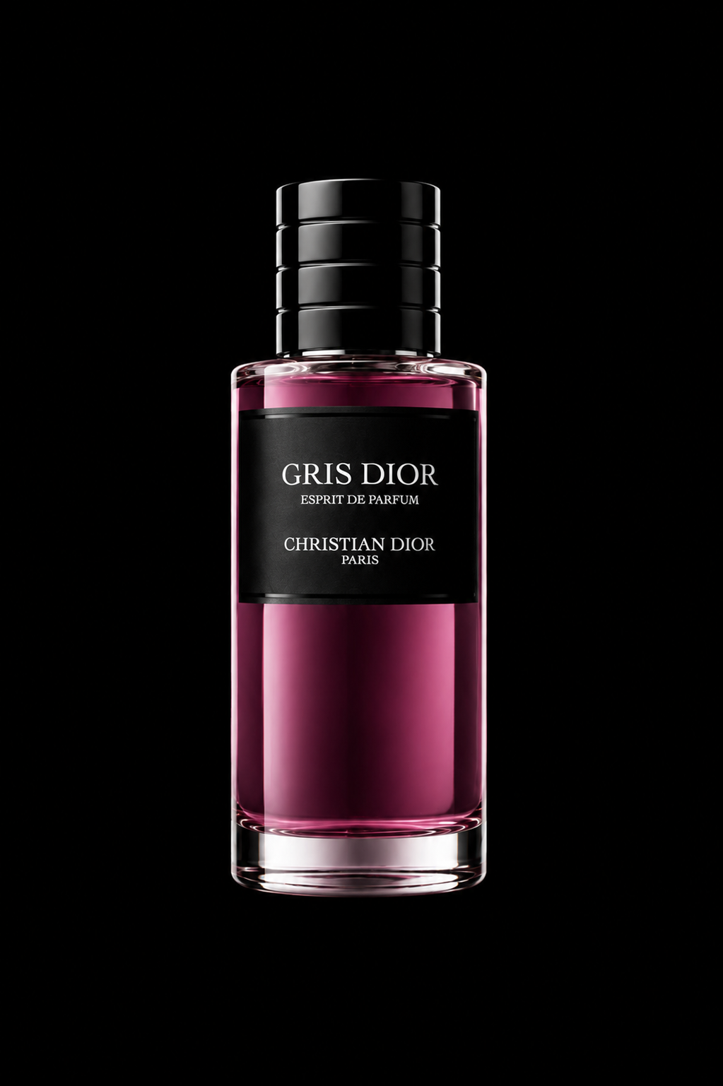Flacon de parfum Rose Dior Gris, avec un fond noir.