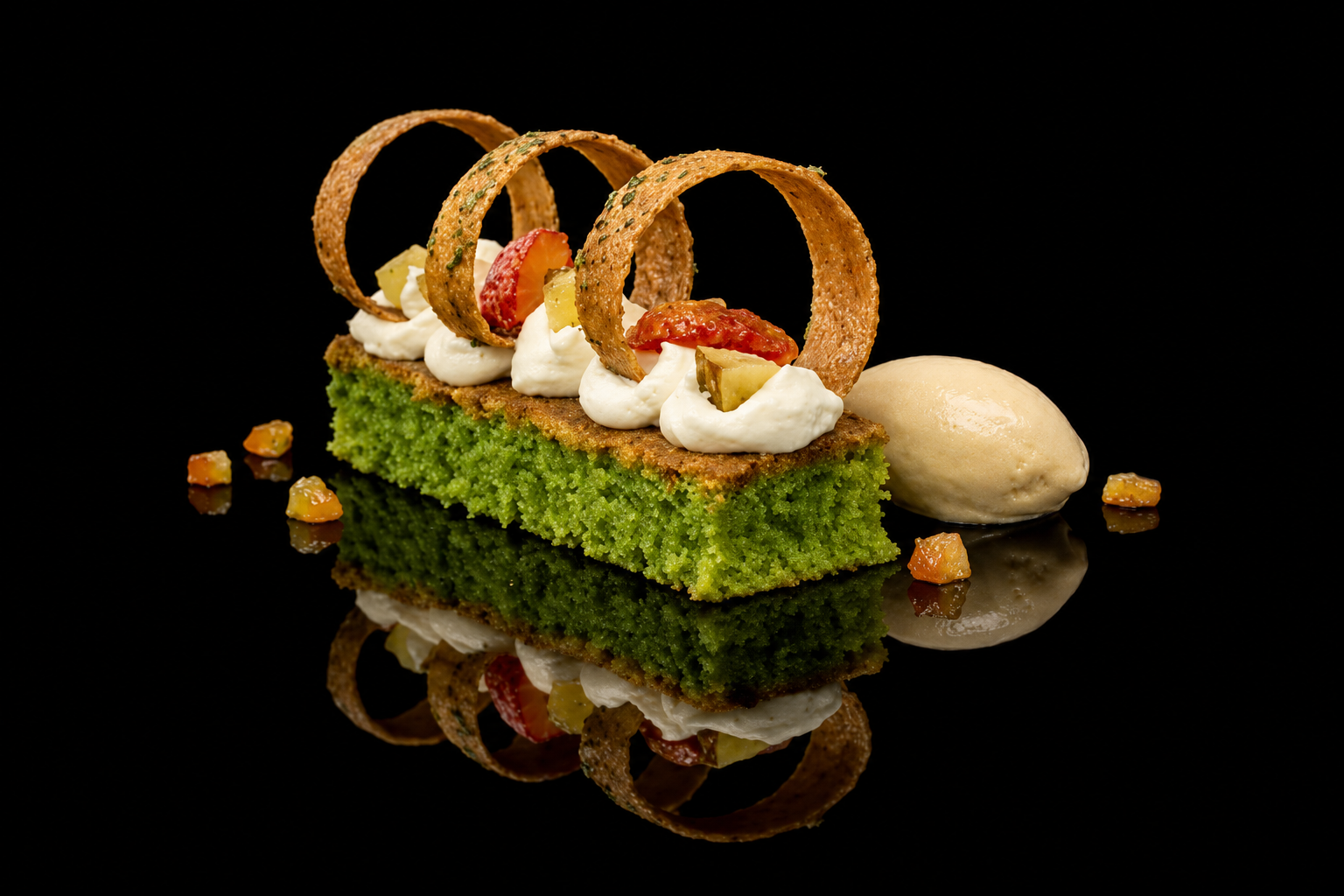 Dessert sophistiqué avec un gâteau vert, chantilly, fruits confits, croustillants ovales, sorbet et petite garniture