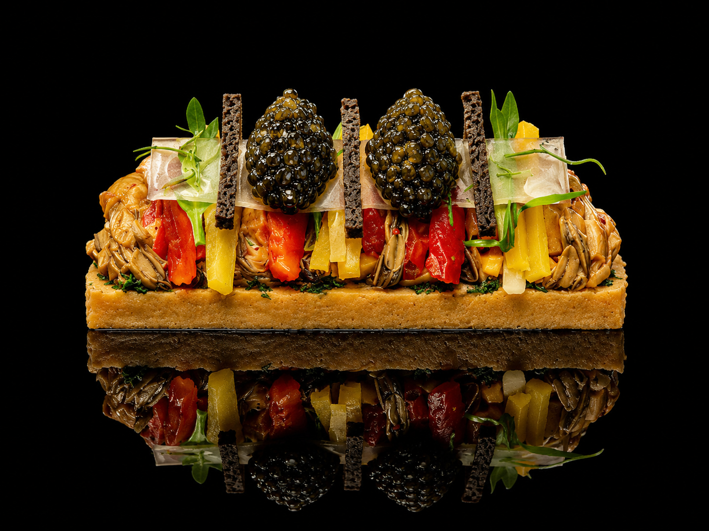 Un plat sophistiqué composé d'une base croustillante, garnie de poivrons rouges, jaunes et verts, de champignons, de tranches de poisson ou de viande, et décorée de câpres noires, de feuilles de salade et de fines tartines de pain noir, avec une certaine symétrie et élégance, reflété sur une surface noire.