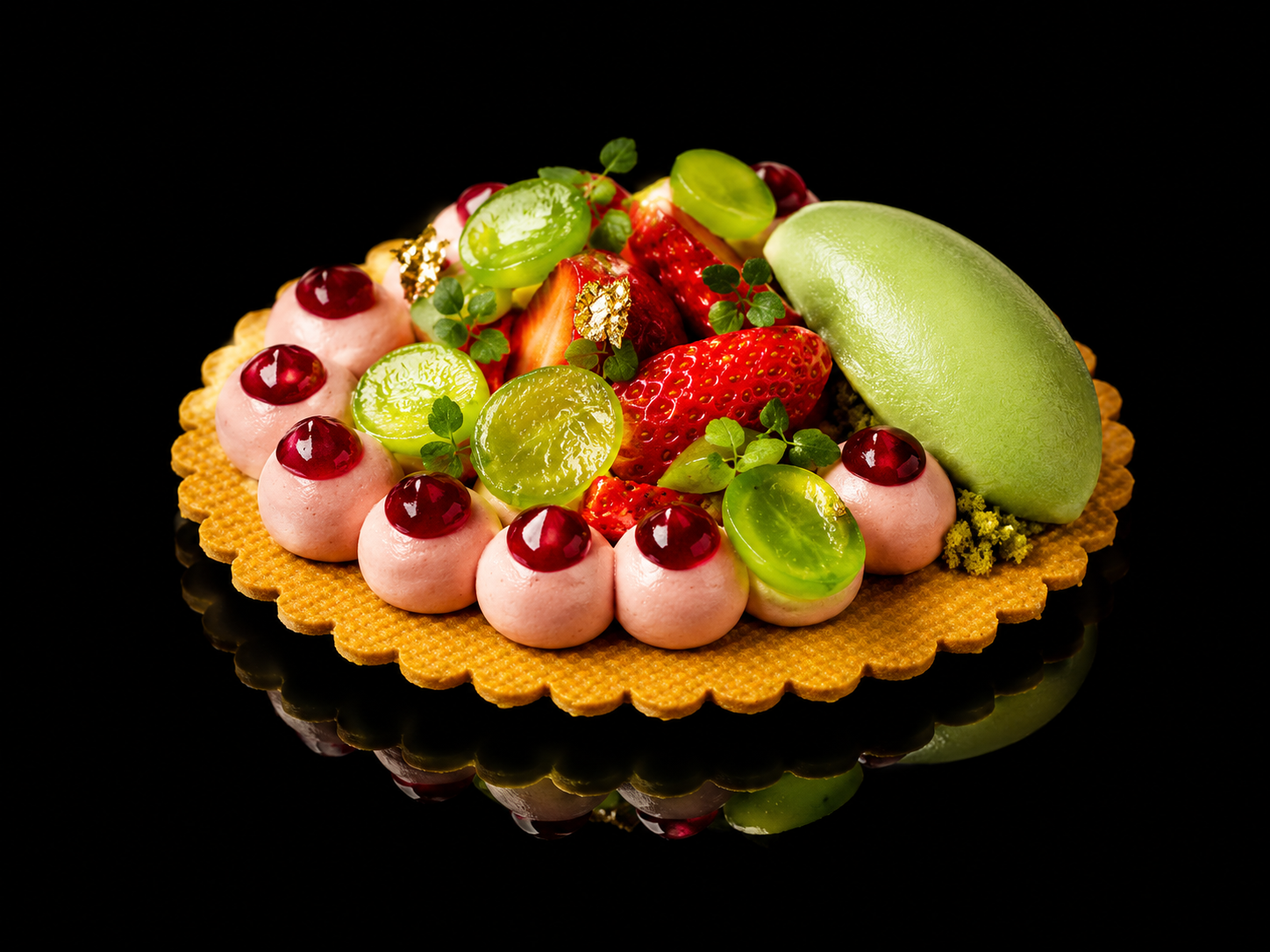 Gâteau décoré avec des fraises, des raisins verts, des cerises, du sorbet vert, et des feuilles vertes, sur une base ronde avec un motif en croix, sur fond noir.