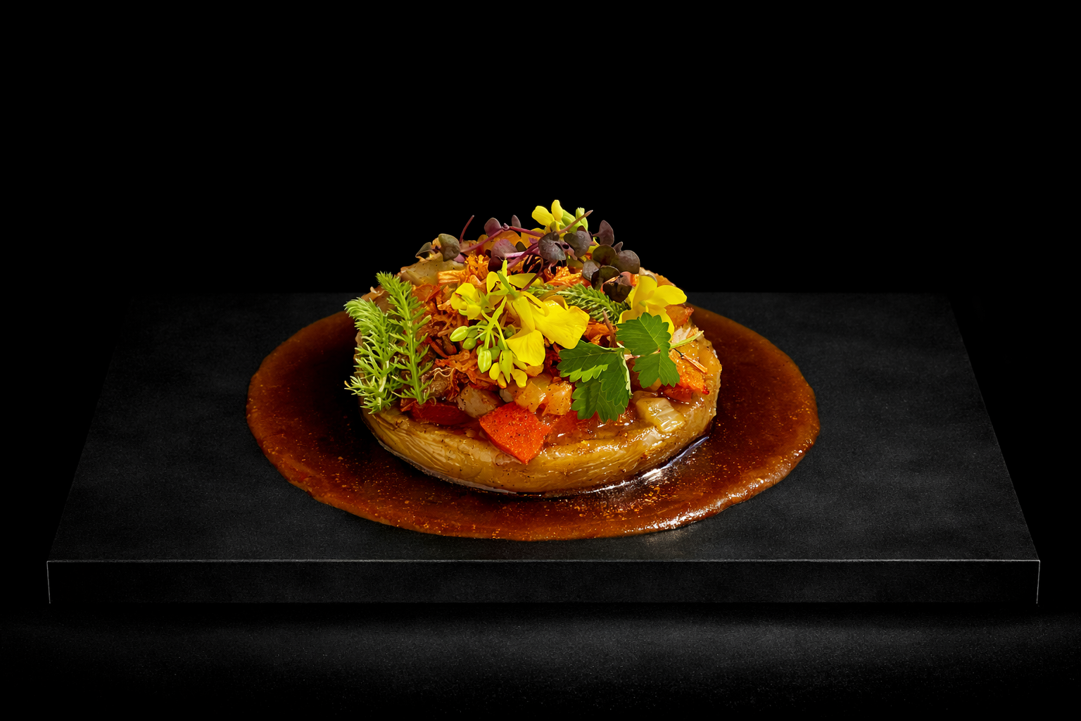 Assiette de légumes mijotés décorée de fleurs comestibles et de garnitures vertes, présentée sur une surface noire.