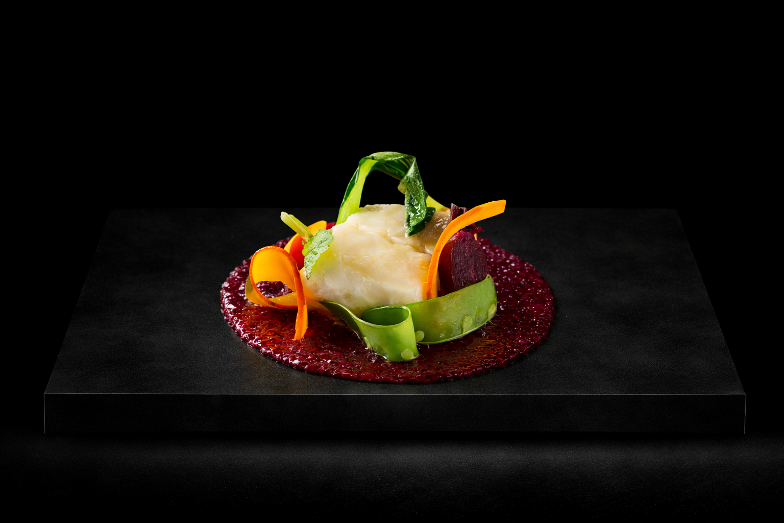 Assiette de nourriture avec purée au centre, entourée de sauce rouge, garniture de légumes colorés comme carottes, betteraves, concombres et feuilles de verdure, sur fond noir.
