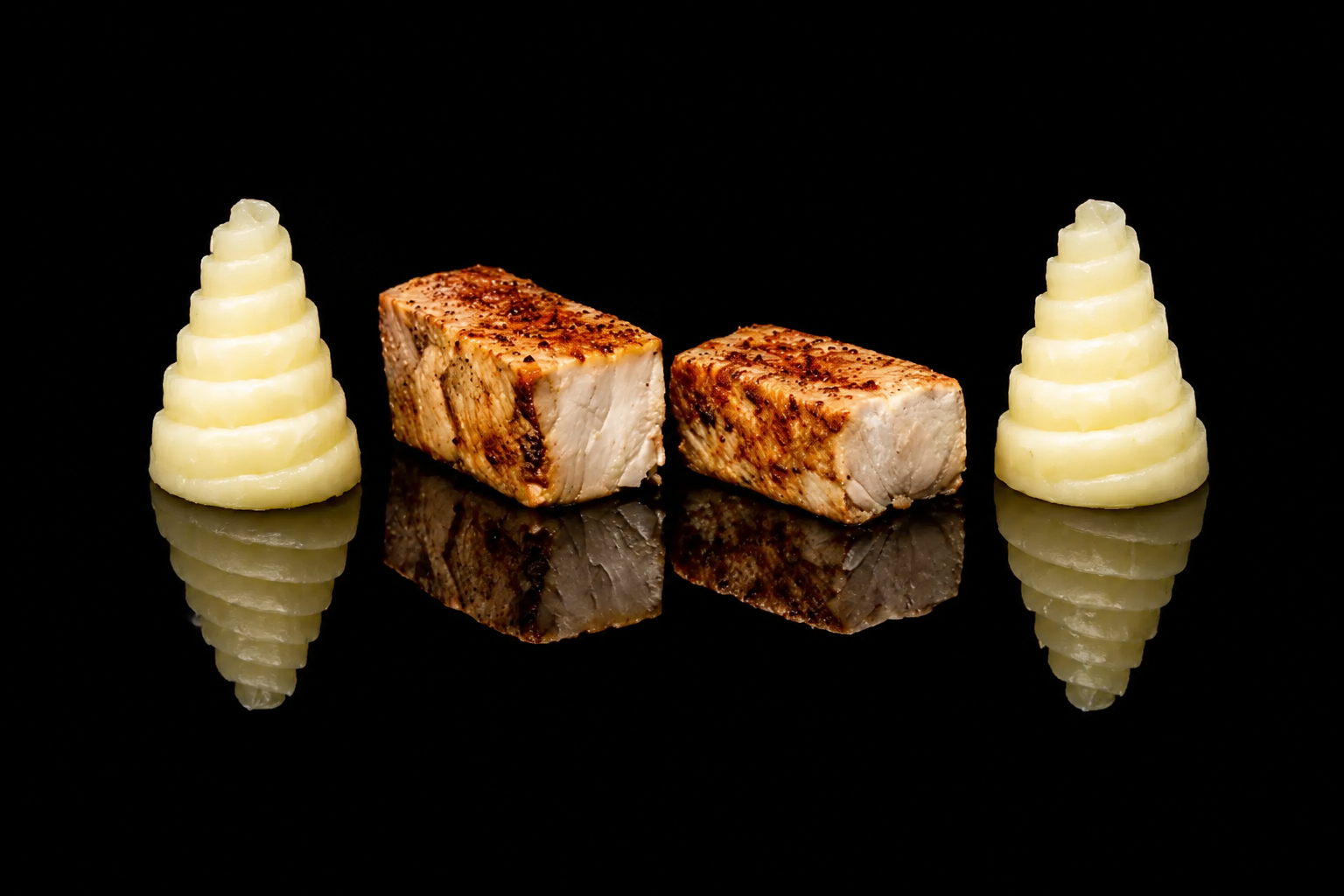 Deux médaillons de filet mignon de porc grillé, flanqués de spirales de pommes de terre cuites à la vapeur, sur une surface noire réfléchissante.
