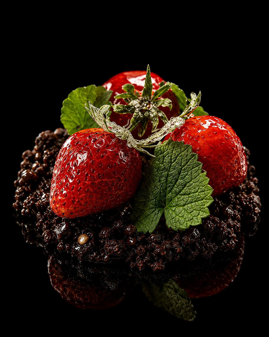 Fraises rouges sur un lit de mûres avec des feuilles vertes, décorées avec de la glace, sur un fond noir.