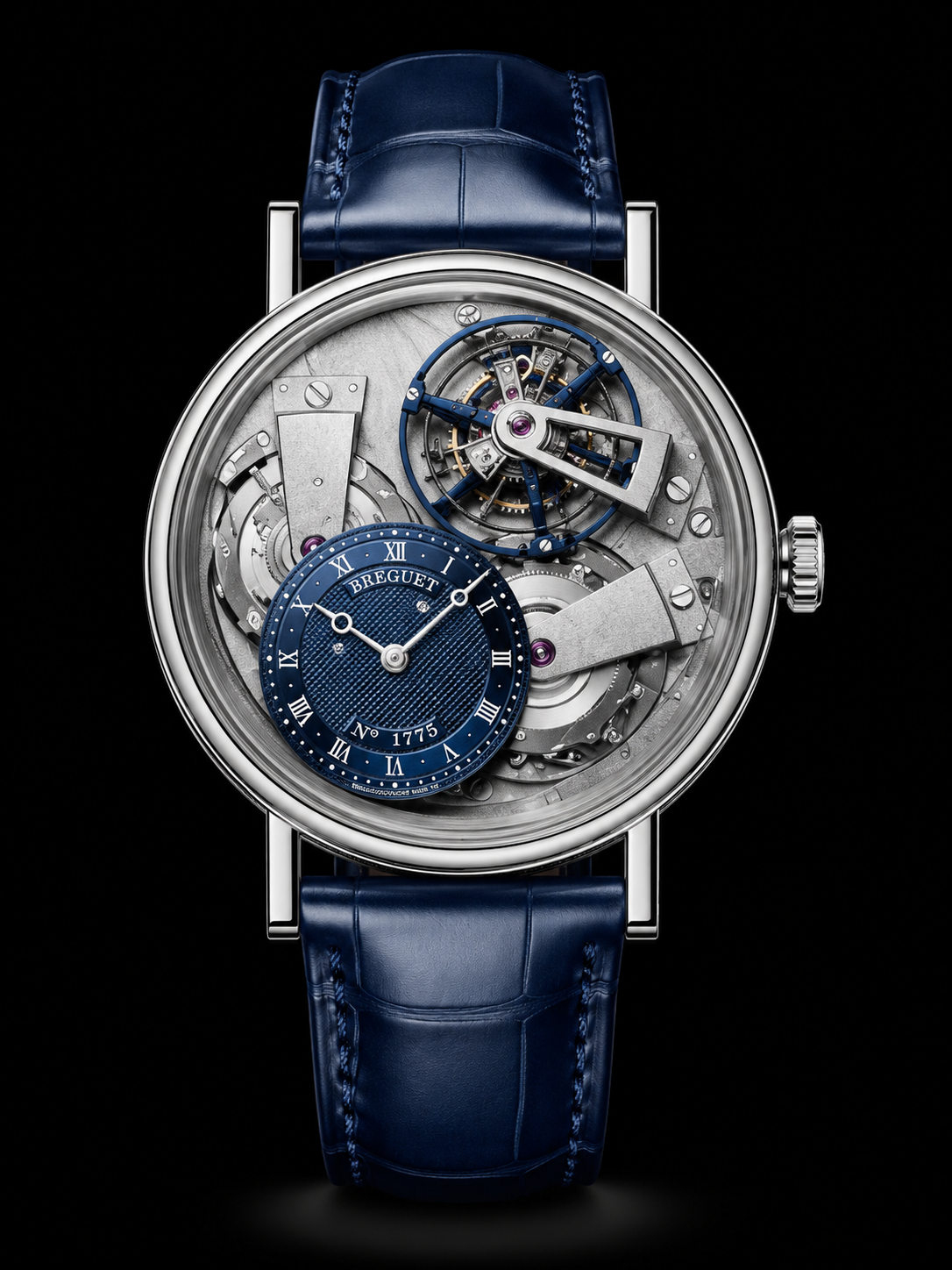 Montre de luxe avec un cadran complexe en squelettes, affichage à petites secondes et finition bleue, sur bracelet en cuir bleu.