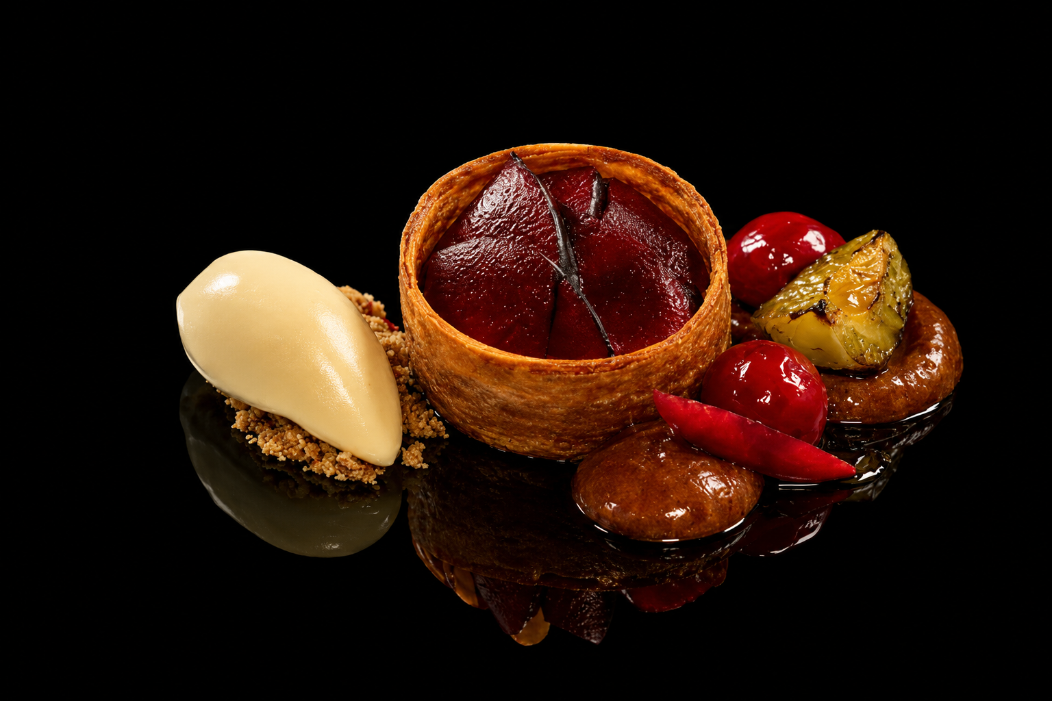 Dessert composé d'une tartelette aux fruits rouges, d'une quenelle de crème ou chocolat blanc, de fruits confits et de petits gâteaux, sur fond noir.