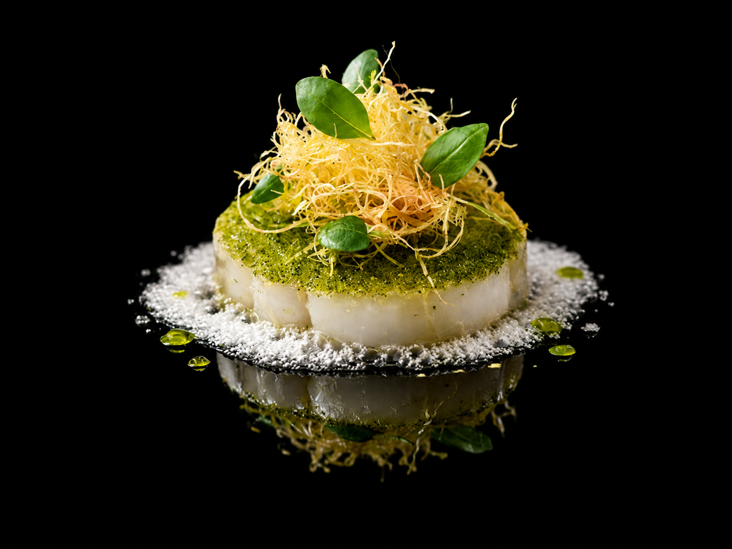 Plat gastronomique avec un fond noir, composé d'une base blanche, garnie de poudre verte, d'un filet d'huile, et décorée de jeunes pousses et de fines lamelles croustillantes.