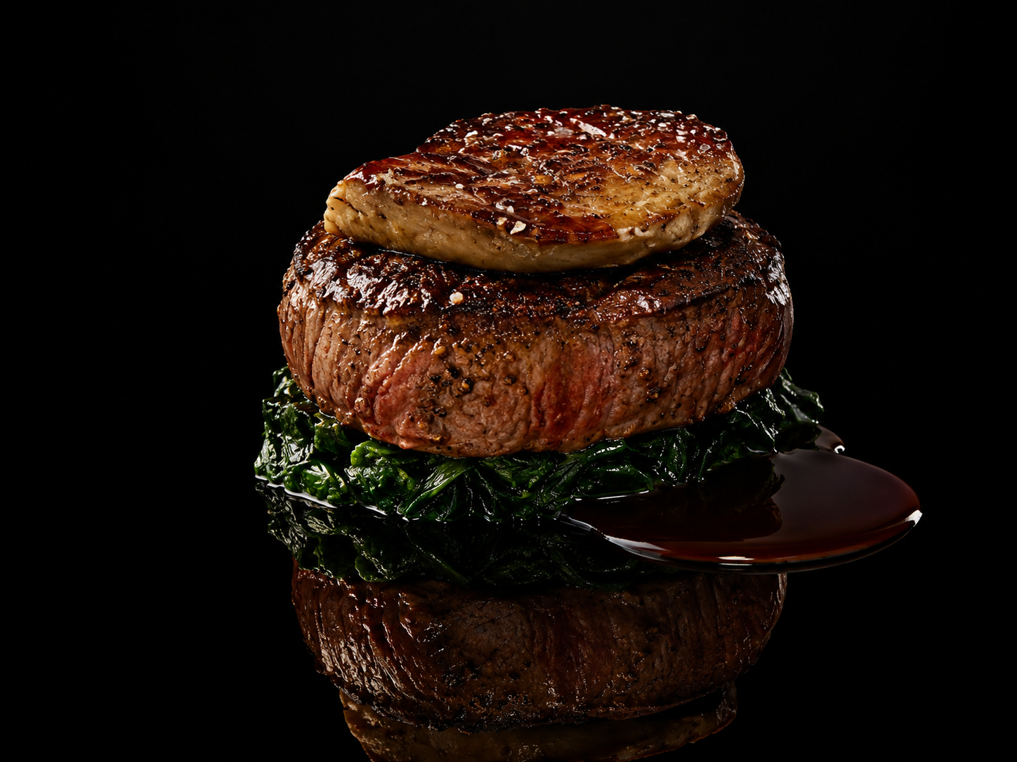 Un steak de bœuf grillé avec une noix de foie gras sur le dessus, sur un lit de légumes verts, avec une sauce sombre, photo en gros plan sur fond noir.