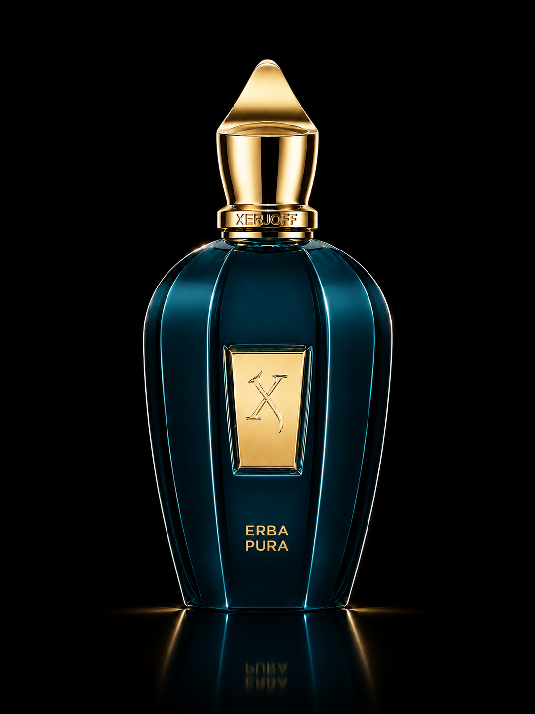 Flacon de parfum bleu foncé avec des accents dorés, portant l'inscription "ERBA PURA" et un logo en forme de X, avec un bouchon doré, sur un fond noir.