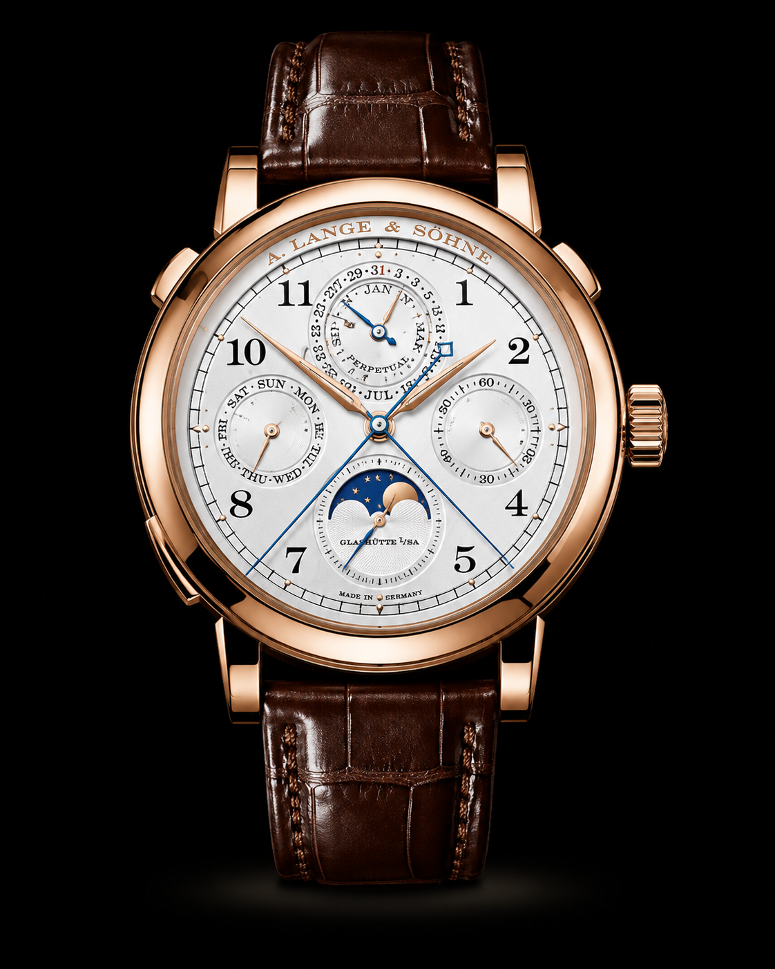 Montre de luxe en or rose avec cadran complexe, affichant date, jour, mois, phase de lune, et autres complications, attachée à un bracelet en cuir marron