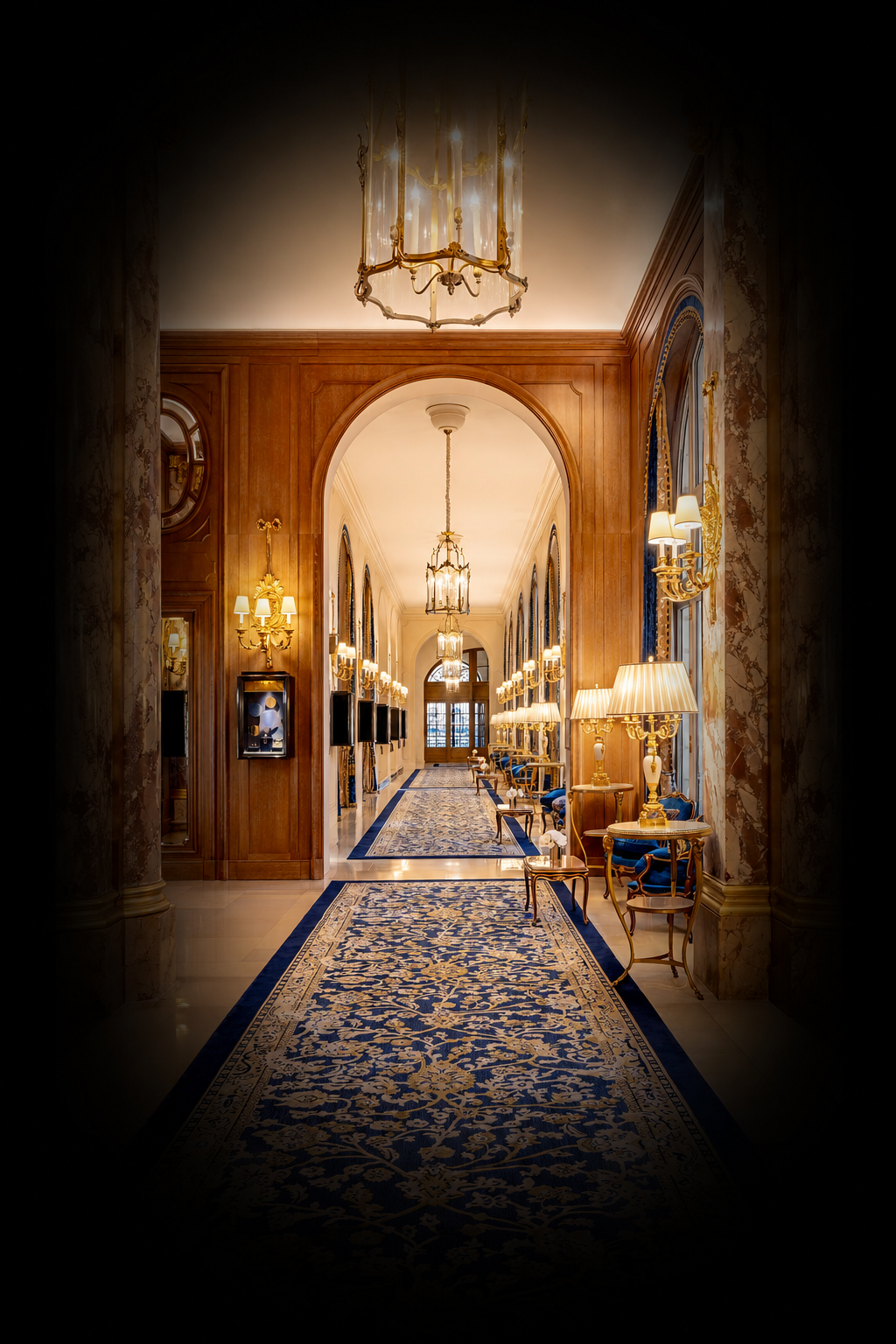 Longue corridor élégamment décoré avec tapisseries bleues et dorées, meubles en bois précieux, lampes et chandeliers en or, grandes fenêtres avec rideaux bleus.