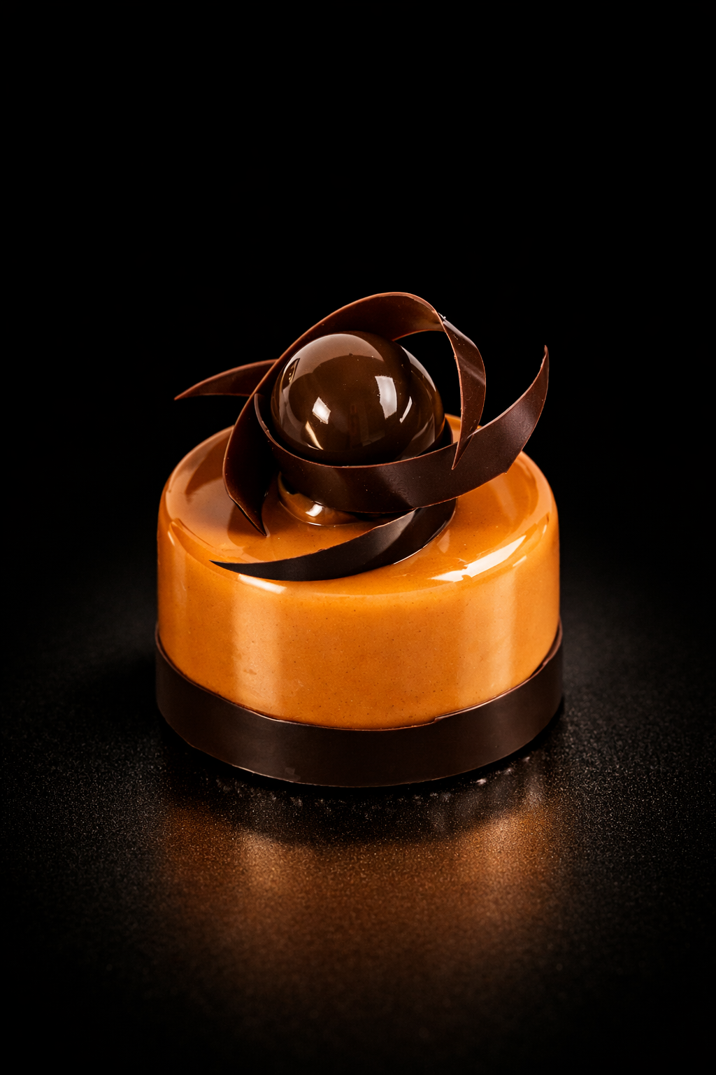Gâteau moderne en forme de cercle avec une décoration en chocolat noir, incluant une boule en chocolat au centre et des bandes en chocolat formant une fleur, sur un fond noir.