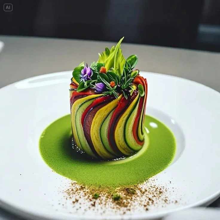 Plats sophistiqué avec des tranches de légumes colorés enroulées en forme de tube, garnies de fleurs comestibles, présenté dans une sauce verte sur une assiette blanche.