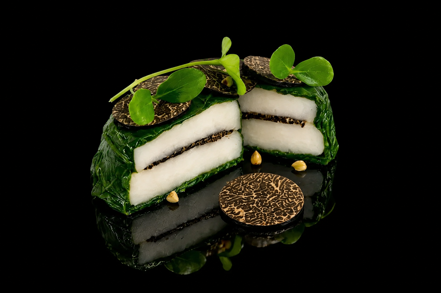 Morceaux de dessert ou gâteau avec une couche de ce qui ressemble à de la pâte de melon ou un fruit blanc, décoré avec des feuilles vertes, des tranches de champignon ou un autre ingrédient rond avec un motif, et des graines