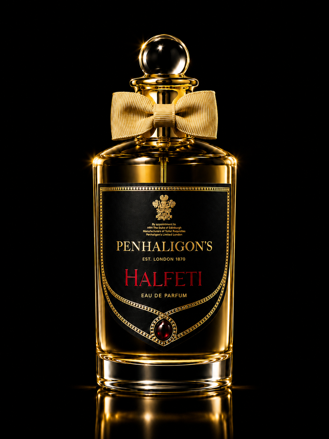 Flacon de parfum noir et or, orné d’un nœud en ruban doré, avec une étiquette noir et or portant le nom 'Halfeti' en rouge, sur fond noir