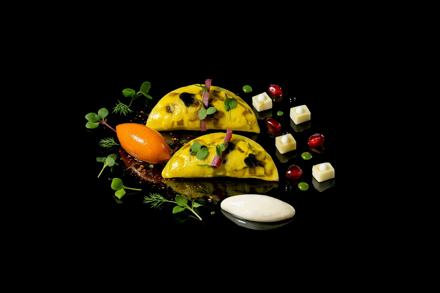 Deux portions de taco jaune avec des garnitures vertes et violettes, légumes colorés, œufs blancs, sauce blanche, et décoration de micro-pousses sur un fond noir
