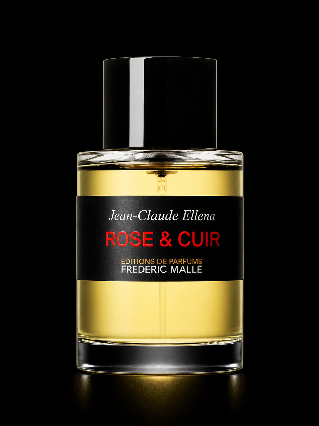 Bouteille de parfum noir et or avec étiquette noir, affichant le nom "Rose & Cuir" de Jean-Claude Ellena pour Frédéric Malle, sur fond noir.