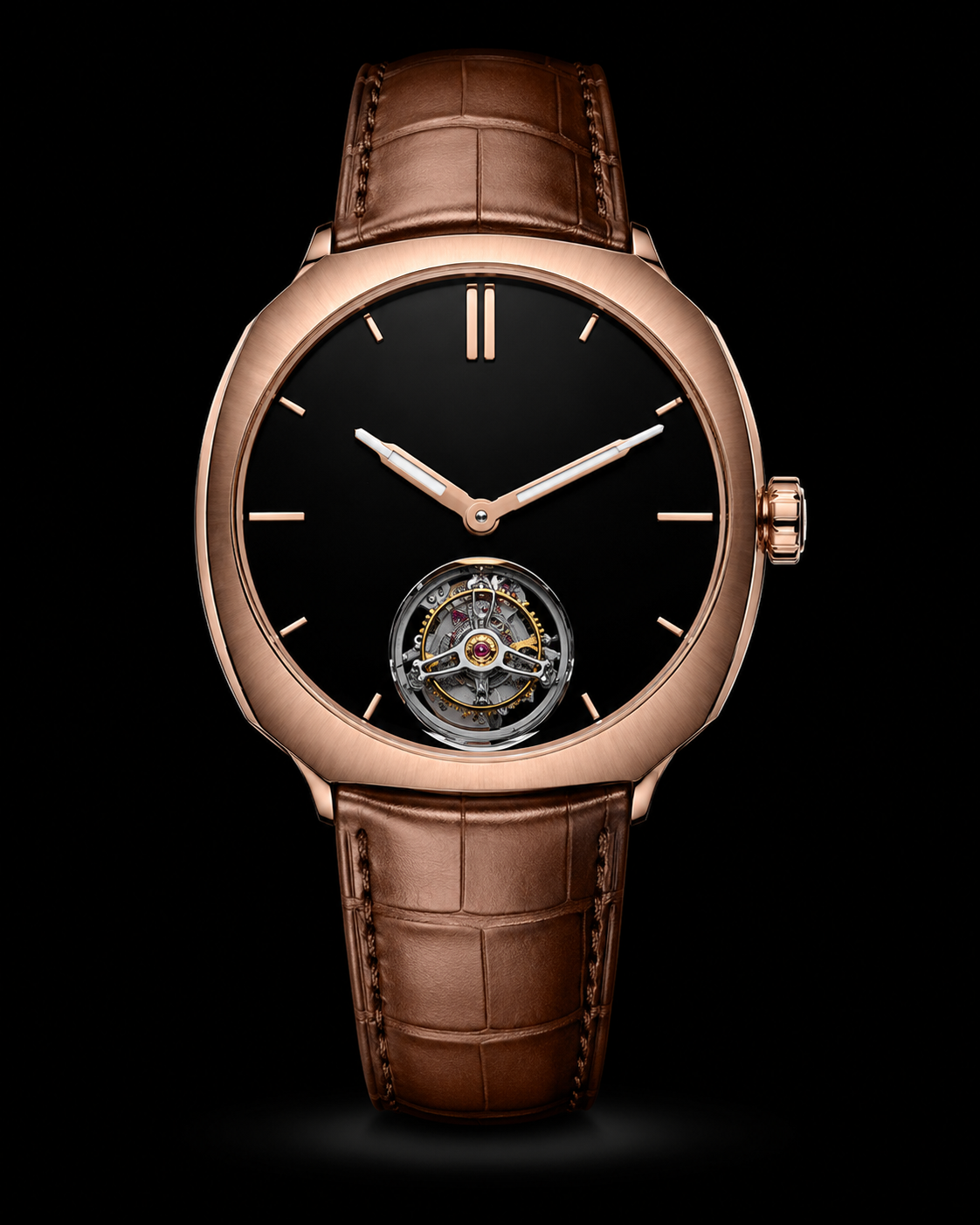 Montre de luxe avec boîtier en or rose, cadran noir, et un mouvement à tourbillon visible en bas, avec bracelet en cuir marron
