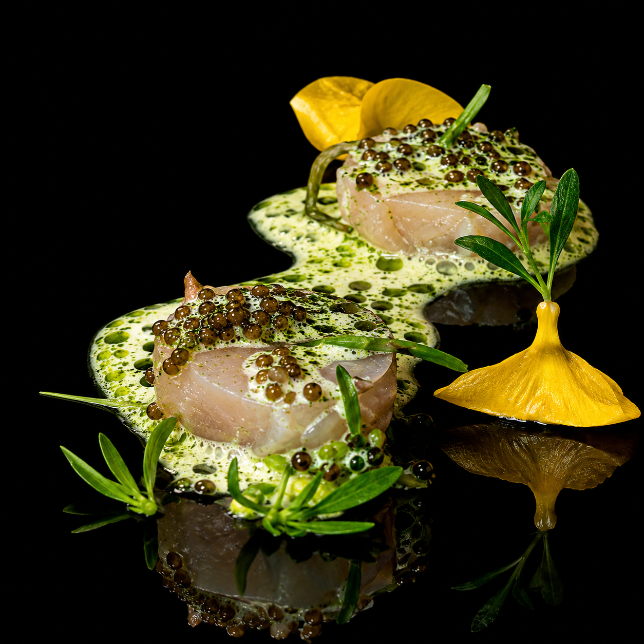 Assiette gastronomique avec deux morceaux de poisson, sauce vert clair avec des perles de tapioca et des herbes aromatiques, décorée de feuilles vertes et de fleurs jaunes.