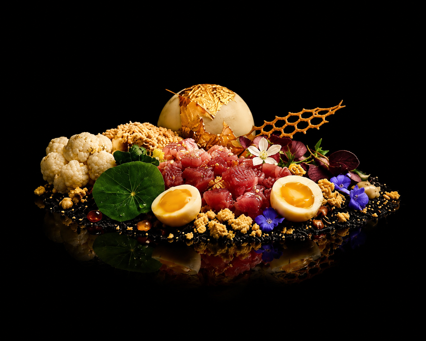 Plat gastronomique avec œufs mollets, légumes, fleurs et décorations colorées sur fond noir.