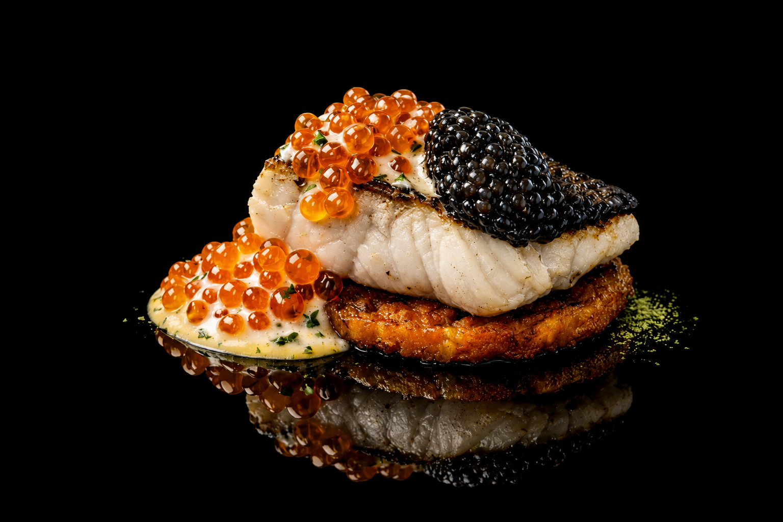 Filet de poisson blanc avec caviar noir et rouge, sur une purée ou un rösti, accentué d'une sauce crémeuse et d'une poudre verte, contre un fond noir.