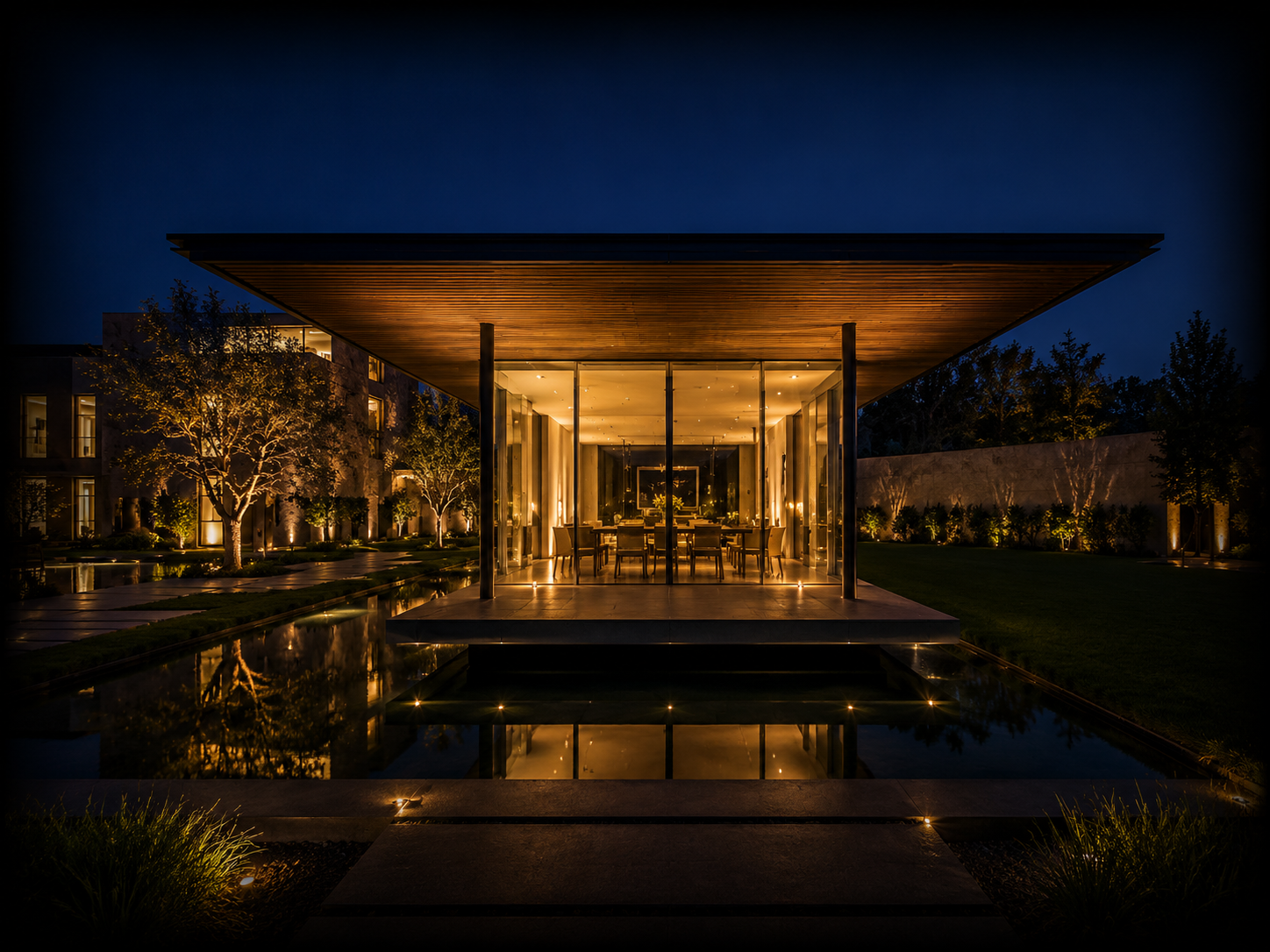 Une maison moderne en verre éclairée la nuit, entourée d'arbres et d'une piscine reflecting la structure, avec un ciel étoilé en arrière-plan.
