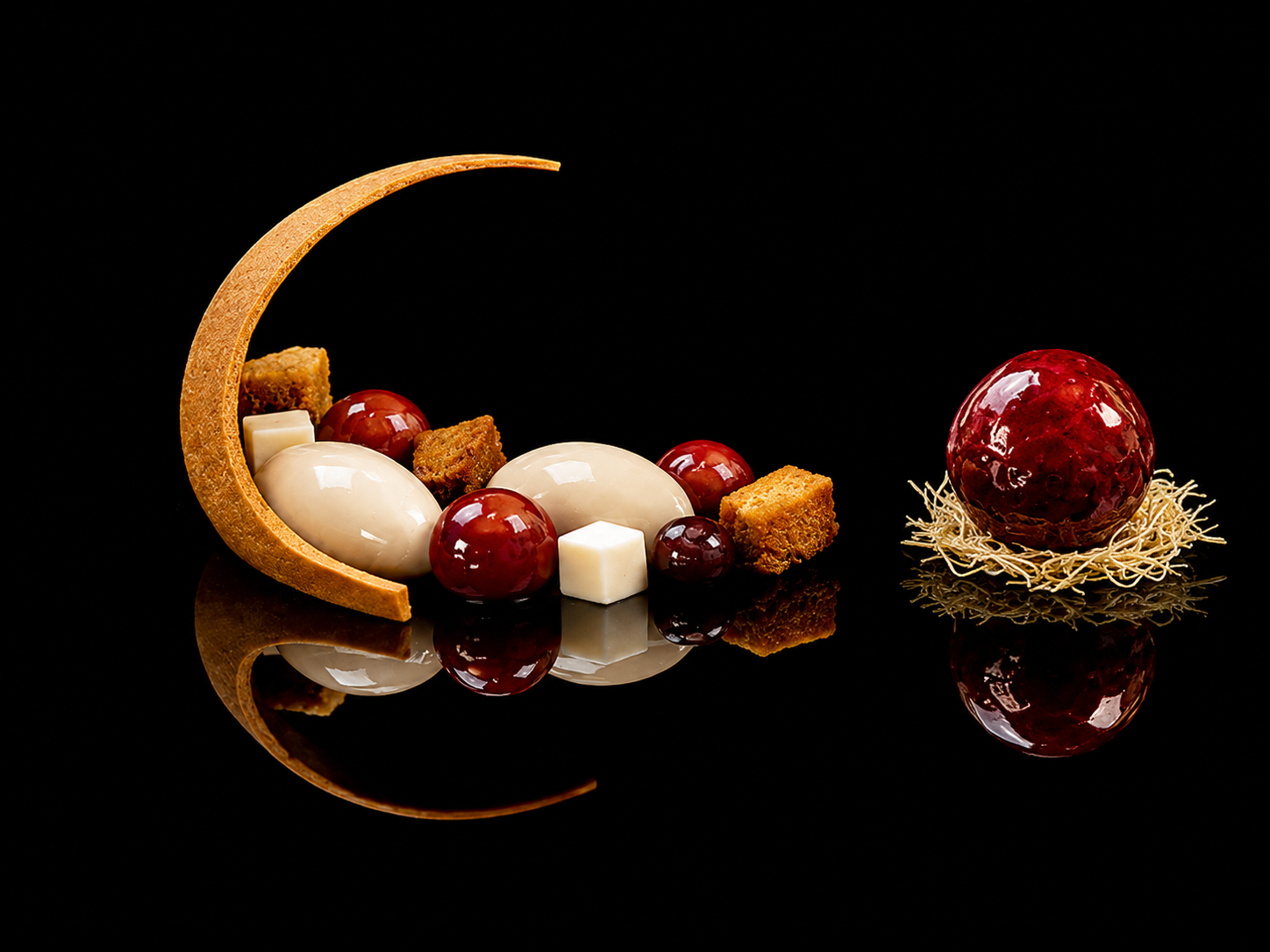 Gâteau de style moderne avec un design artistique, composé de diverses formes et couleurs, avec une surface brillante, placé sur un fond noir reflétant la surface sur laquelle il repose.