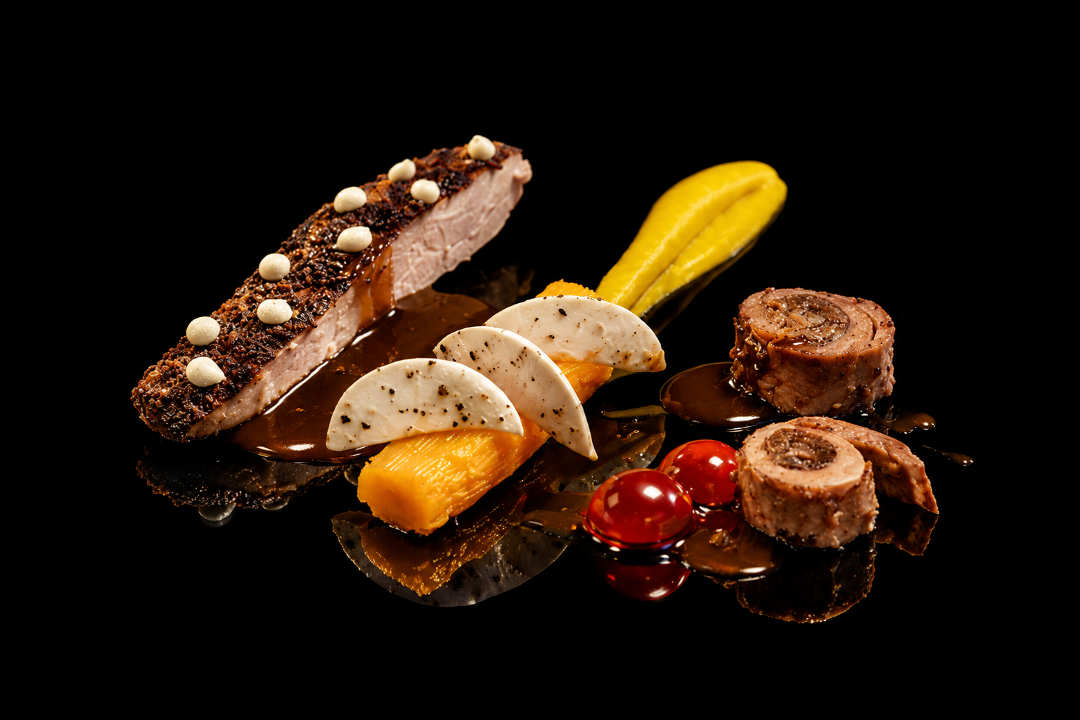 Assiette gastronomique avec une tranche de viande, de la purée, des œufs blancs, du concombre, des tomates cerises, et une sauce.