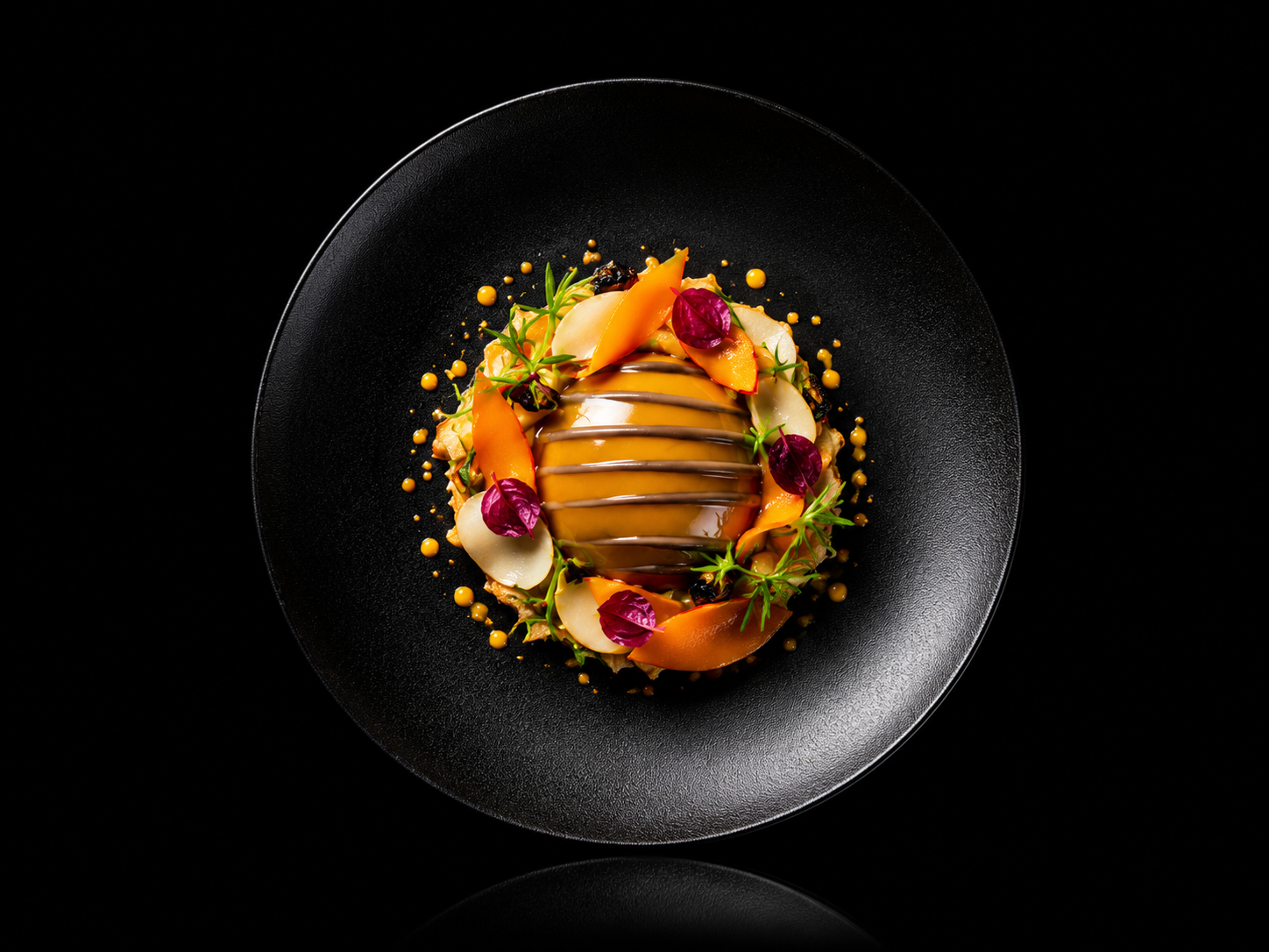 Un dessert élégant avec un entremets brun clair, décoré de filet de chocolat, entouré de fruits en tranches, de petites feuilles de menthe, avec des petites gouttelettes de sauce ou de garniture colorée, présenté sur une assiette noire