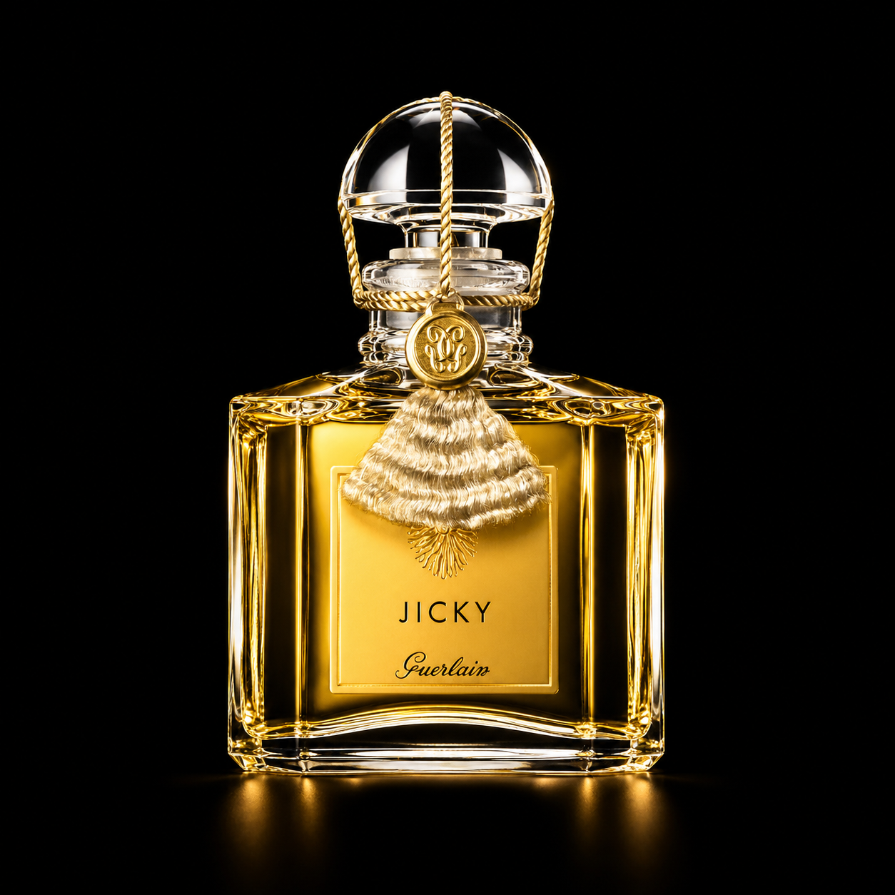 Flacon de parfum Guerlain Jicky avec étiquette dorée et décoration en forme de cloche en or, contre un fond noir.