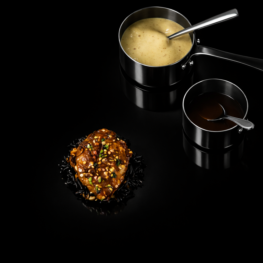 Une sauce ou une soupe dans une petite casserole en acier, une autre sauce foncée dans une autre casserole, et un plat de viande ou de poisson enrobé de sauce, garni de graines ou d'herbes, sur une surface noire.