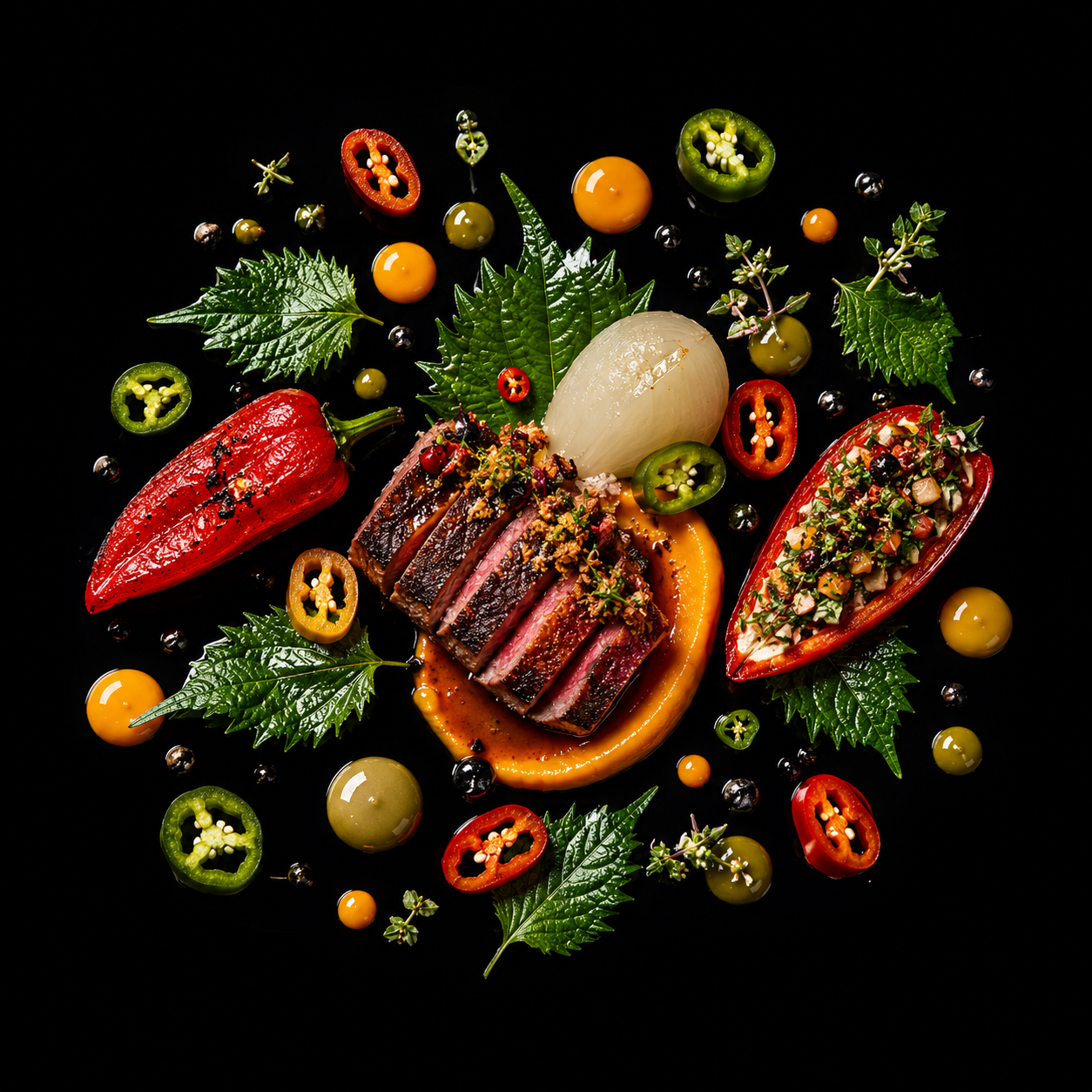 Assiette de steak avec légumes et herbes, décoration colorée sur fond noir