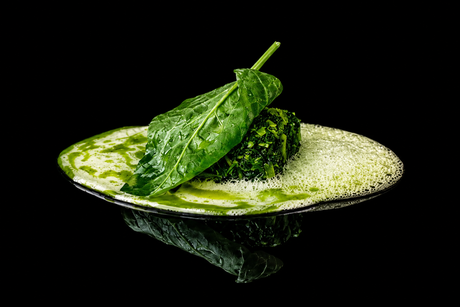 Assiette noire avec mousse verte, un feuillet d'épinard fraîche et un bloc de verdure hachée, présenté de manière élégante.