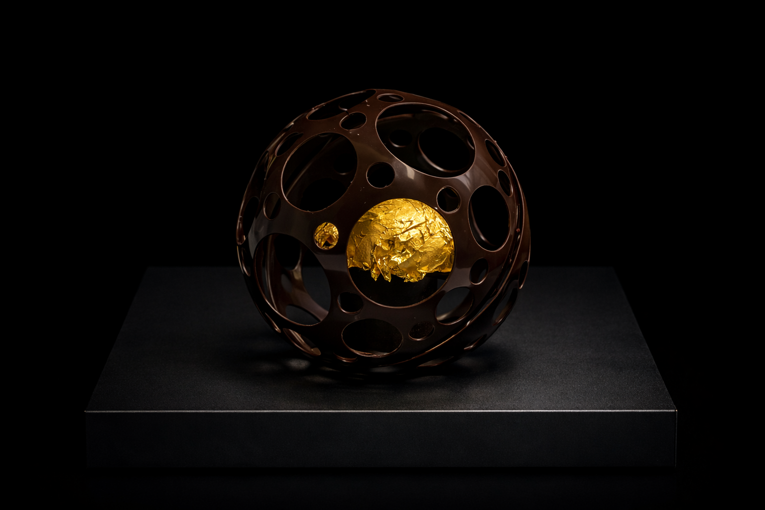 Une sculpture abstraite en forme de sphère faite de métal brun avec des trous circulaires de différentes tailles, contenant une substance dorée froissée à l'intérieur, placée sur un socle noir dans l'obscurité.