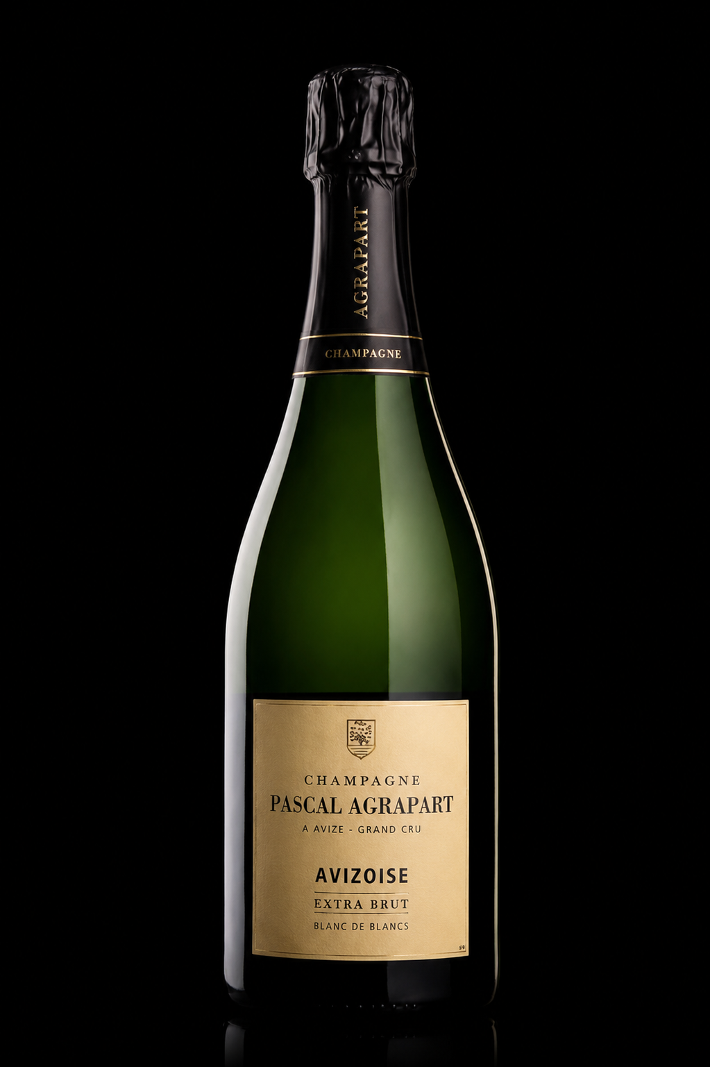 Bouteille de champagne Pascal Agrapart, variété extra brut blanc de blancs, sur fond noir.