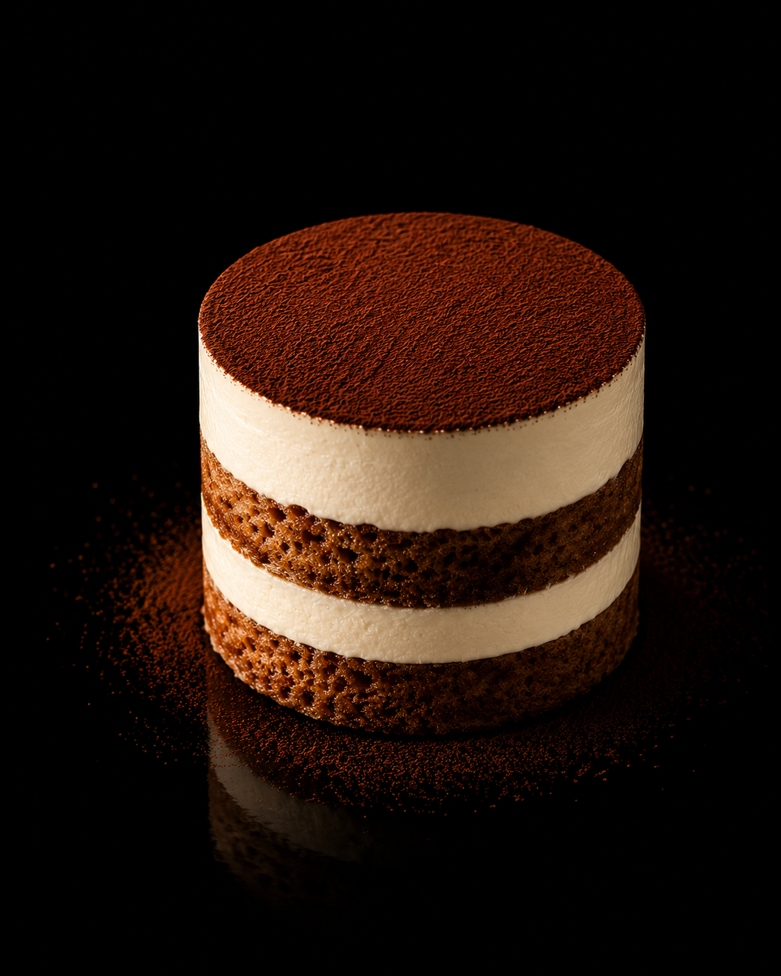 Gâteau tiramisu avec couches de biscuits et de crème, cacao en poudre sur le dessus, fond noir.