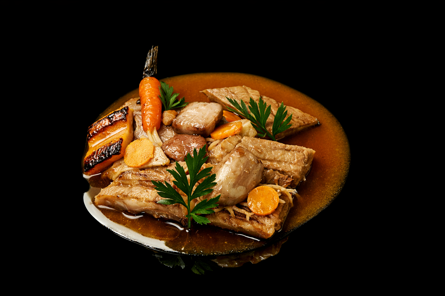 Plat de viande avec légumes, carottes, et herbes aromatiques dans une sauce brune.