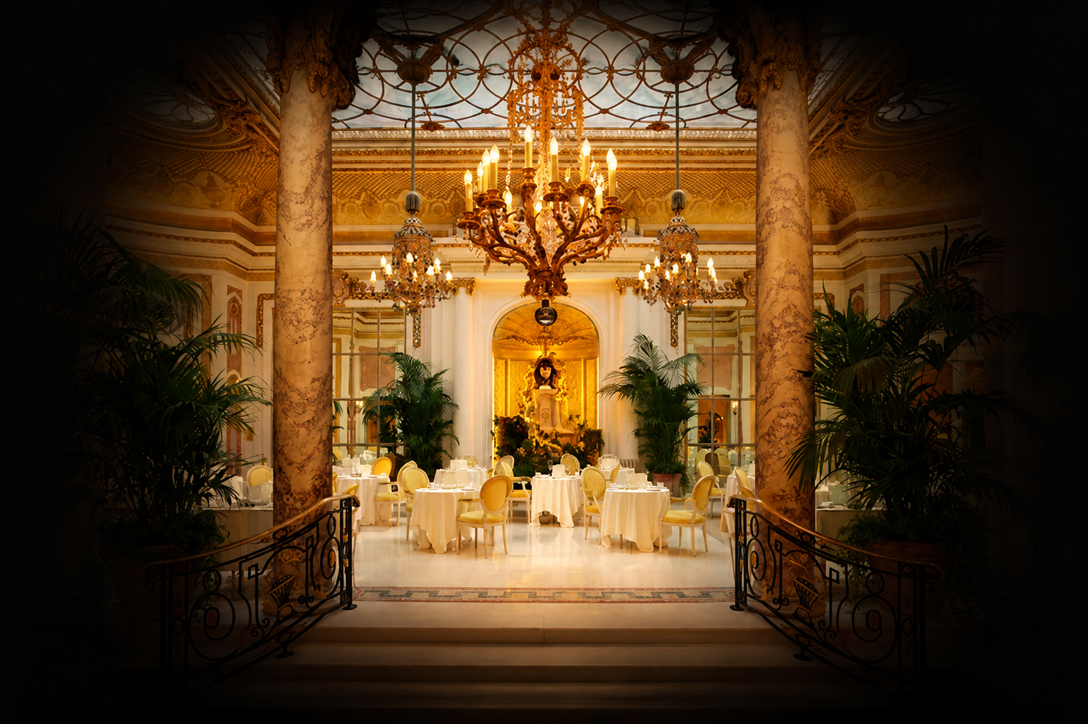 Salle de banquet élégante avec un plafond orné, grands chandeliers en cristal, tables rondes avec nappes blanches, chaises jaunes, plantes vertes, et décorations luxueuses.