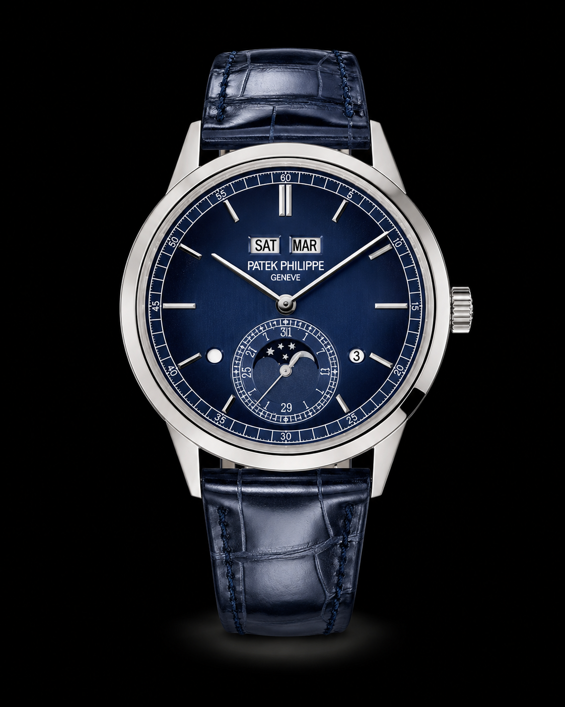 Montre de luxe à cadran bleu avec indicateurs de date, jour, mois, phase lunaire et bracelet en cuir bleu.