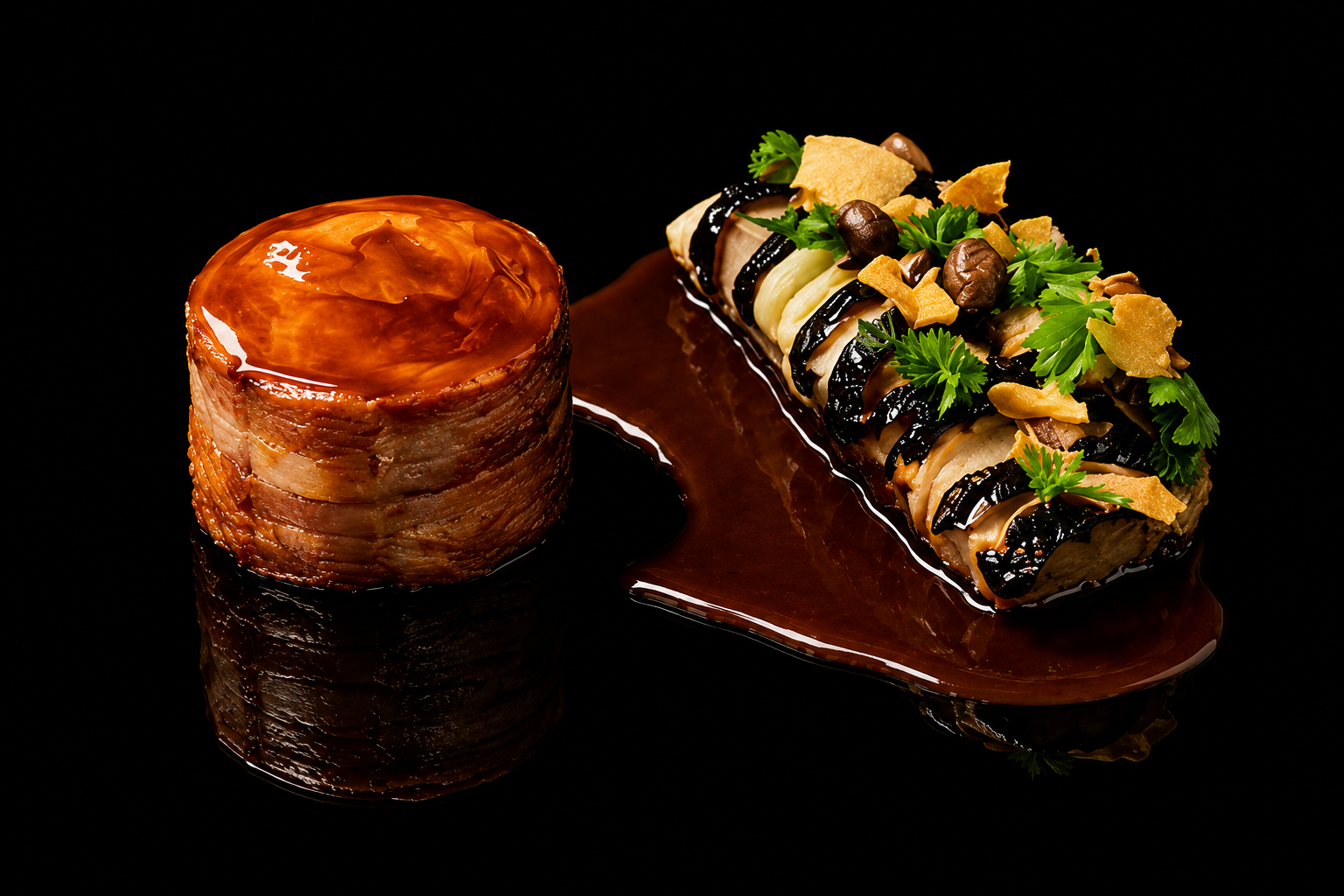 Assiette de sushi avec un rouleau de sushi végétarien et un sushi enrobé de lard croustillant, servi sur une sauce donkere, avec des garnitures de coriandre et de chips croquantes.