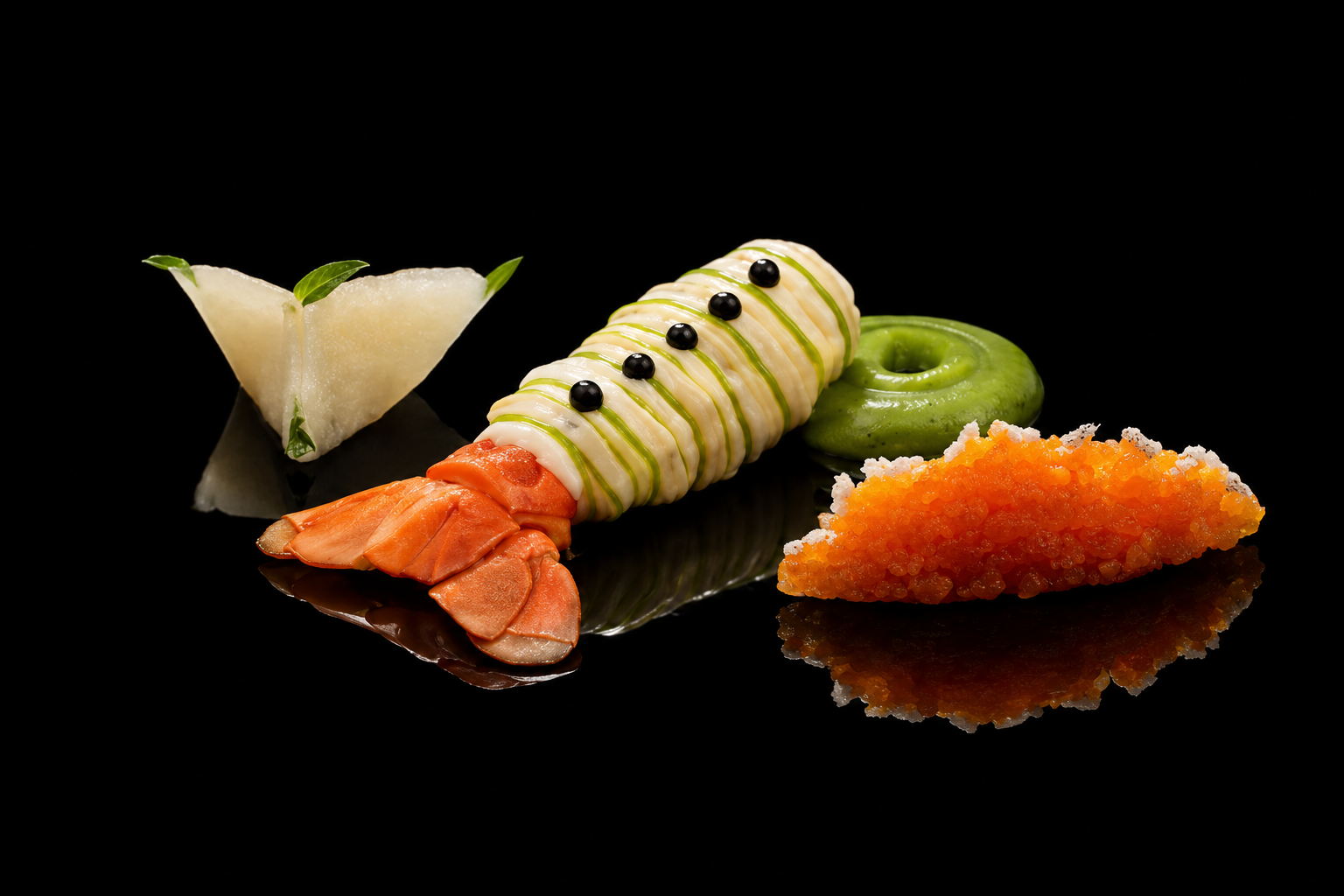 Assortiment de sushi élégant avec crevette, avocat, et garnitures colorées, présenté sur un fond noir.