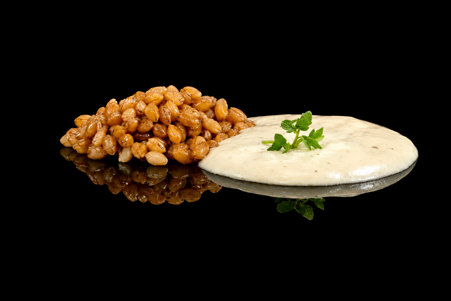 Pois chiches cuits à côté d'une sauce blanche garnie de persil, sur un fond noir.