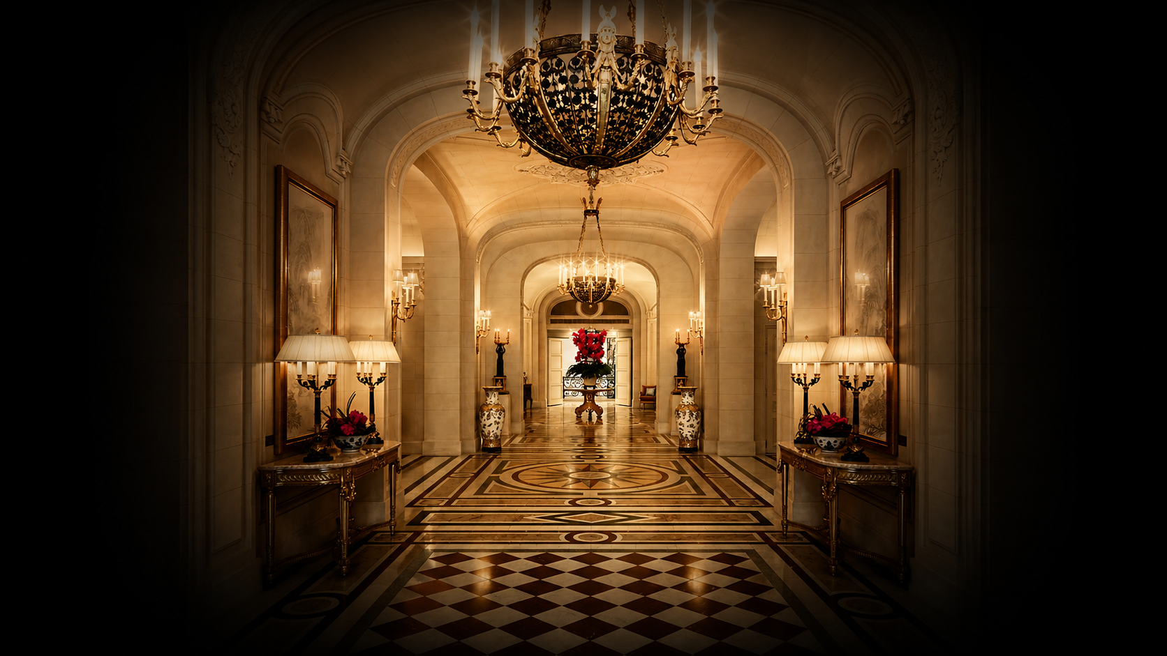 Hall d'entrée élégant avec lustre en métal, lampes à abat-jour, vases ornementaux avec fleurs roses, peinture encadrée et sol en marqueterie.