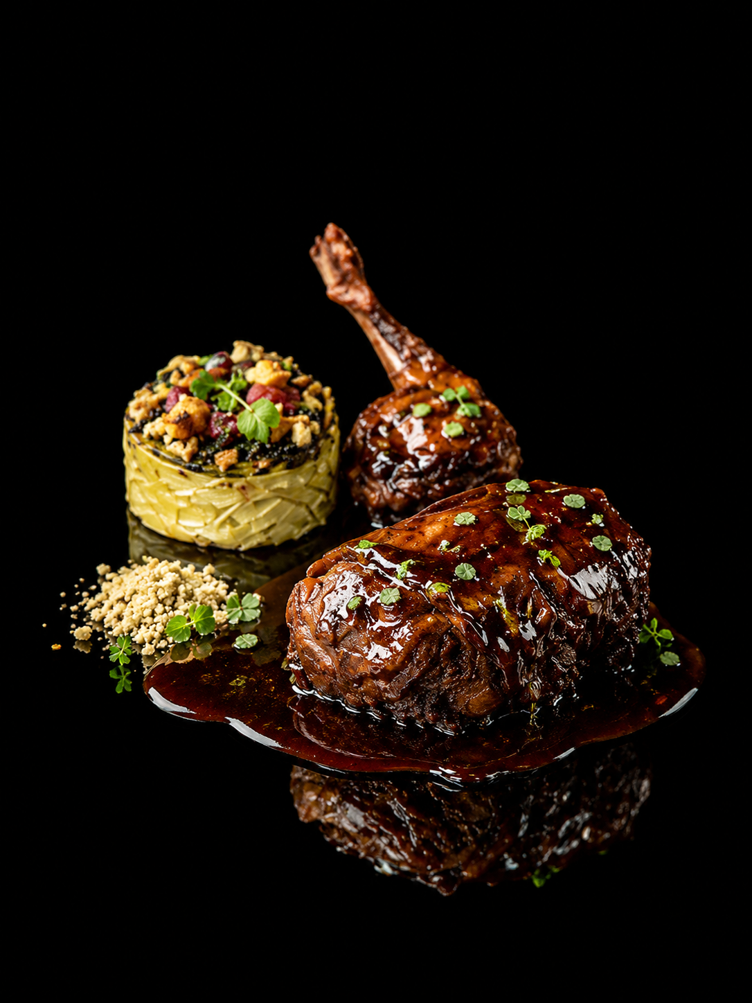 Un plat sophistiqué avec un morceau de viande en sauce, un petit pâté, et un morceau de poulet rôti, décorés de petites fleurs vertes, sur un fond noir.