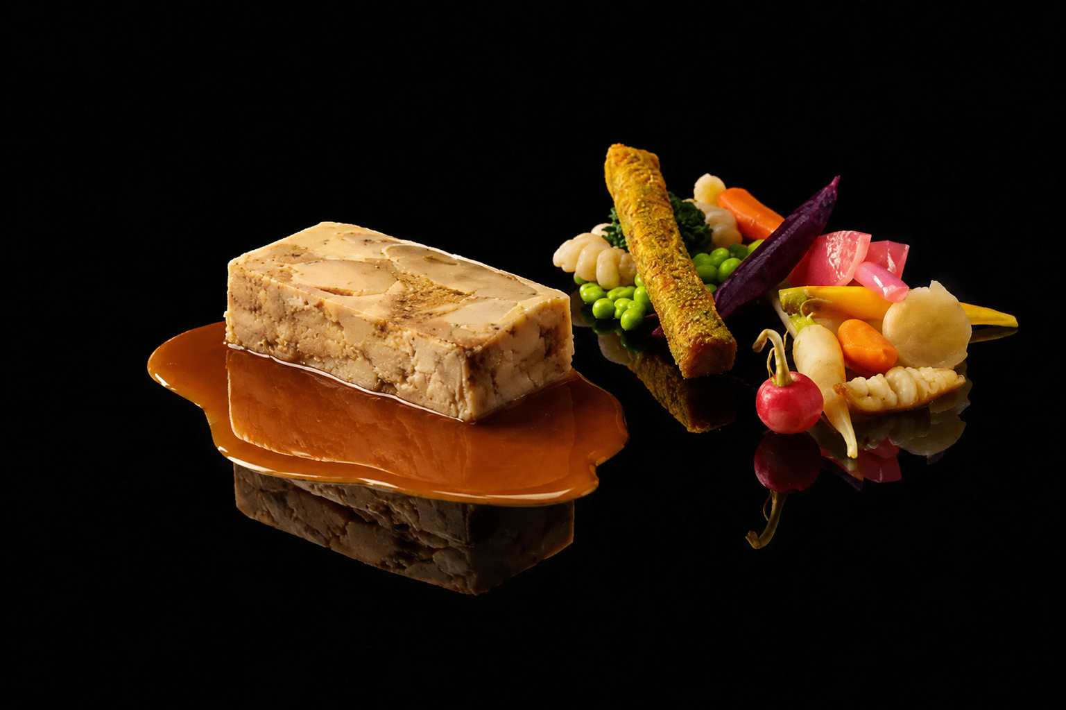 Assiette de terrine de foie gras avec une sauce brune, accompagnée de légumes colorés et de croustilles