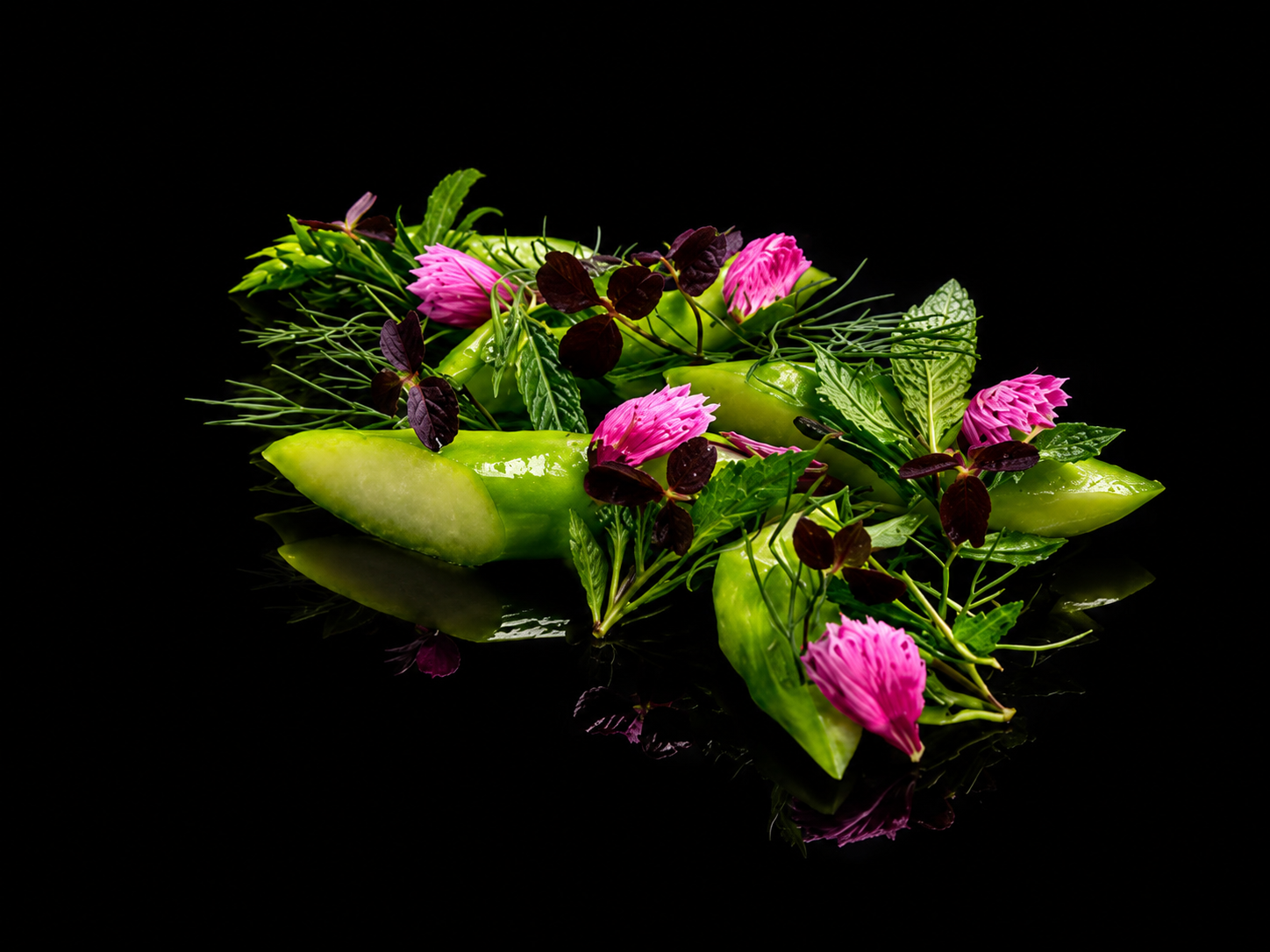 Un arrangement floral avec des fleurs roses, des feuilles vertes et des plantes recouvertes de liquide, posé sur un fond noir.
